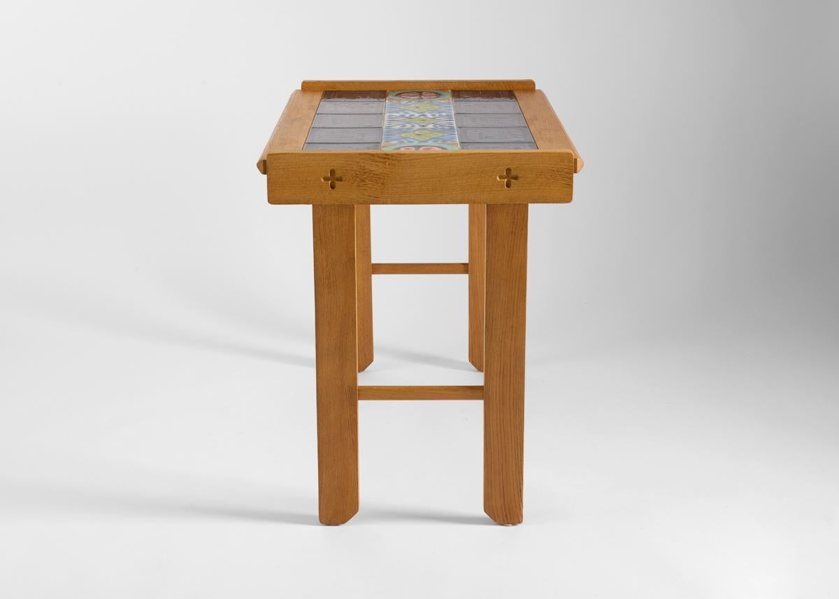 Guillerme et Chambron, Tile-Topped Oak Writing Table, France, Mid-20th Century In Good Condition For Sale In New York, NY