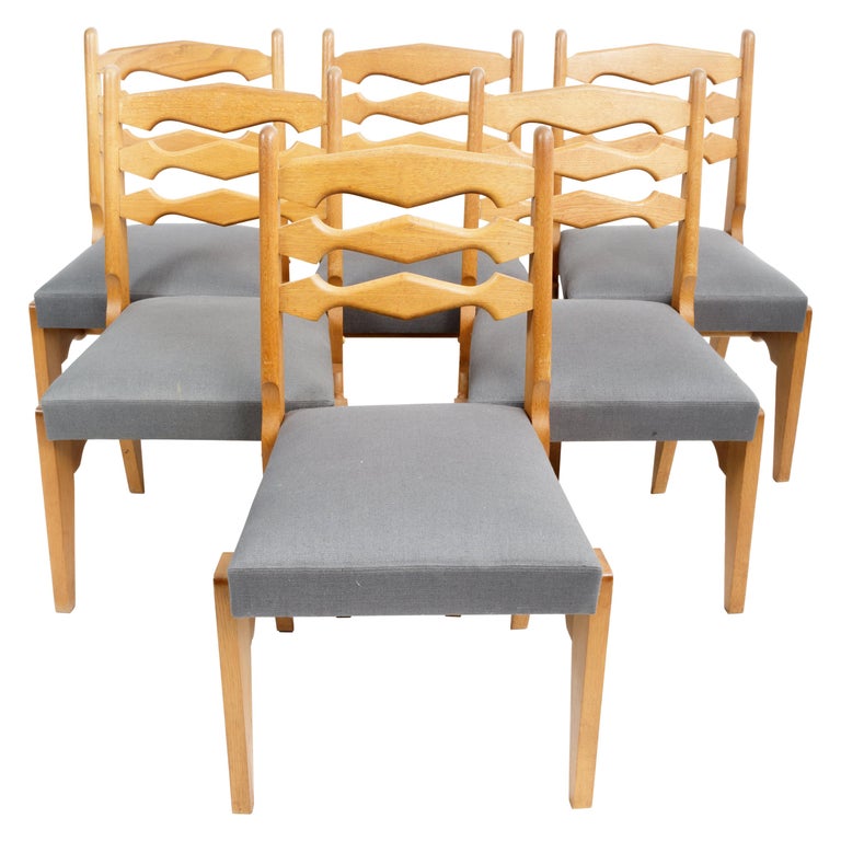 Set of Oak Upholstered Dining Chairs by Guillerme et Chambron, France, c. 1970s For Sale