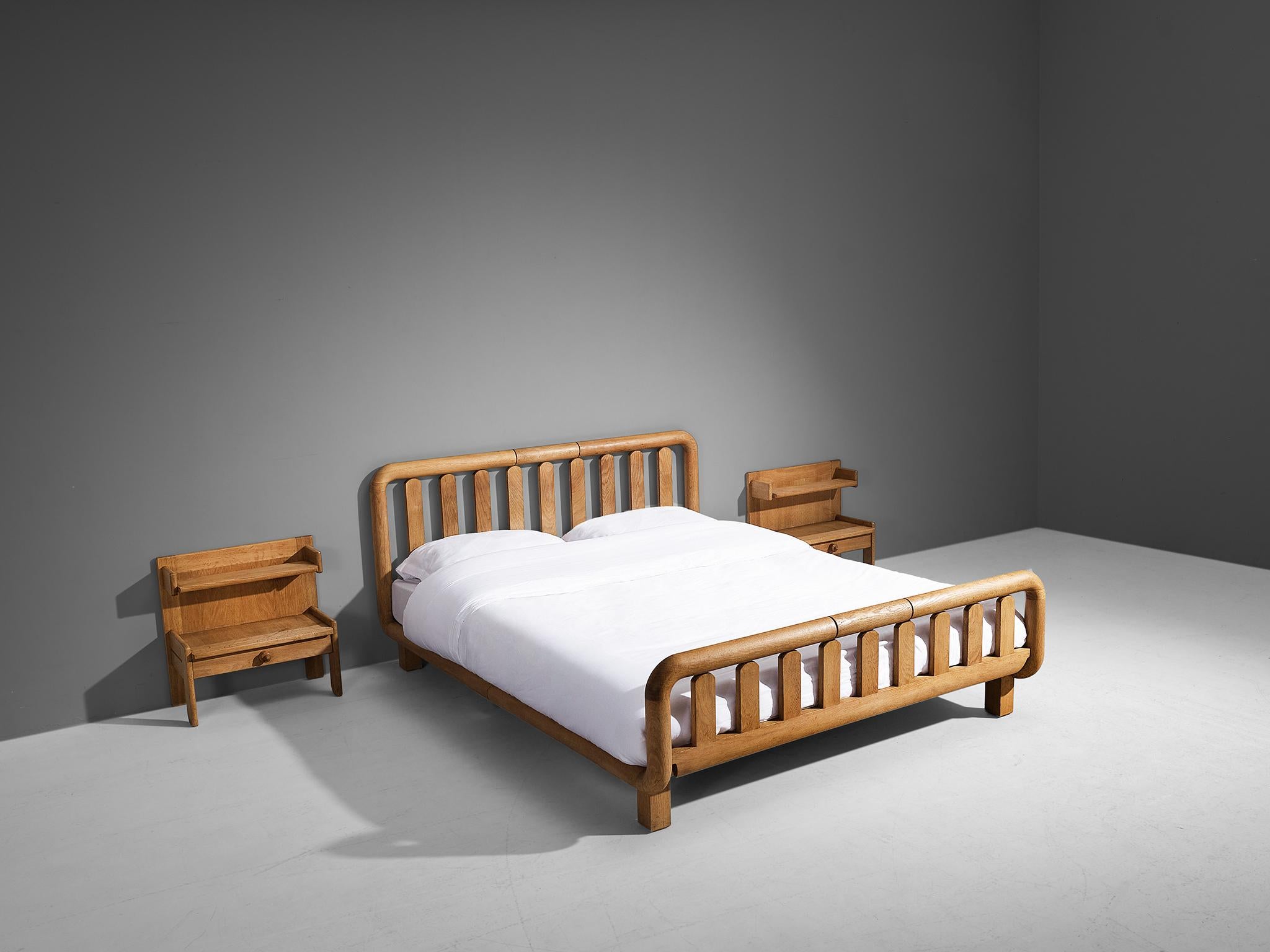 French Guillerme et Chambron Double Bed with Nightstands in Solid Oak
