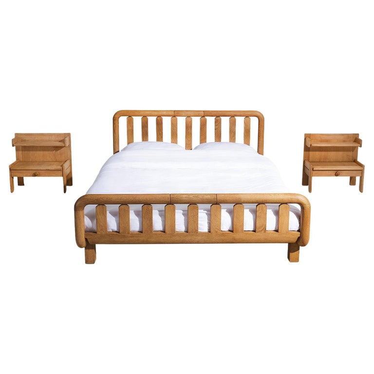 Guillerme et Chambron Double Bed with Nightstands in Solid Oak at 1stDibs