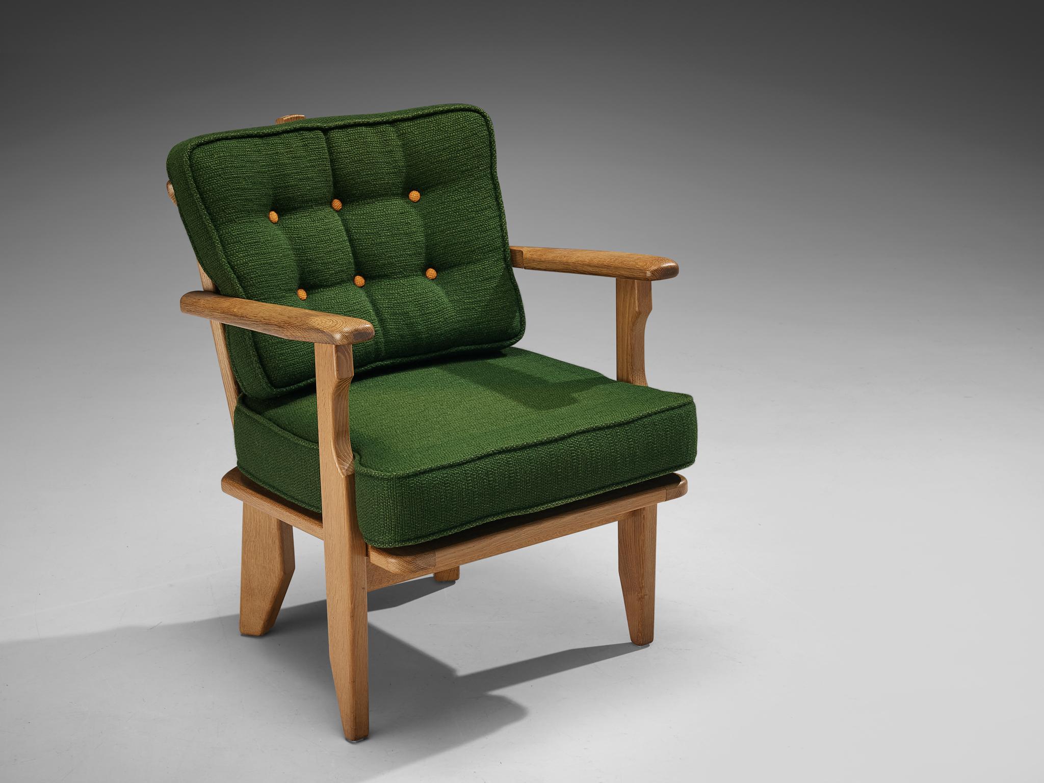 Guillerme et Chambron for Votre Maison, lounge chair, oak, fabric, France, 1960s

A sculptural easy chair by Guillerme and Chambron that is very well executed and made of solid, carved oak. This armchair feature an interesting open construction,