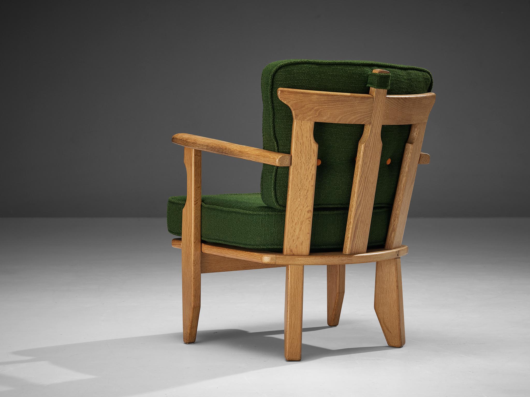 Mid-Century Modern Guillerme & Chambron Easy Chair in Oak and Green Wool  For Sale