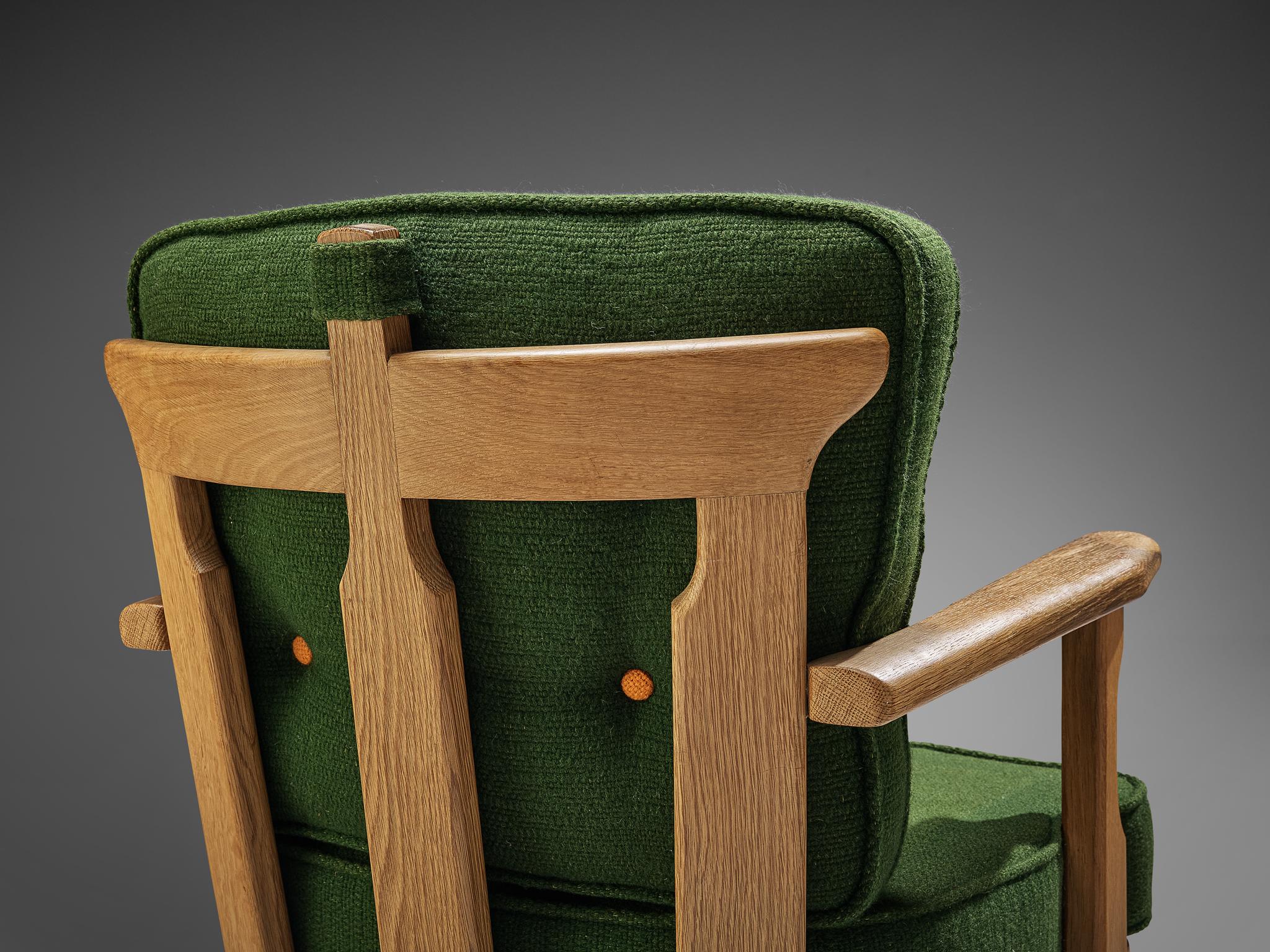 French Guillerme & Chambron Easy Chair in Oak and Green Wool  For Sale
