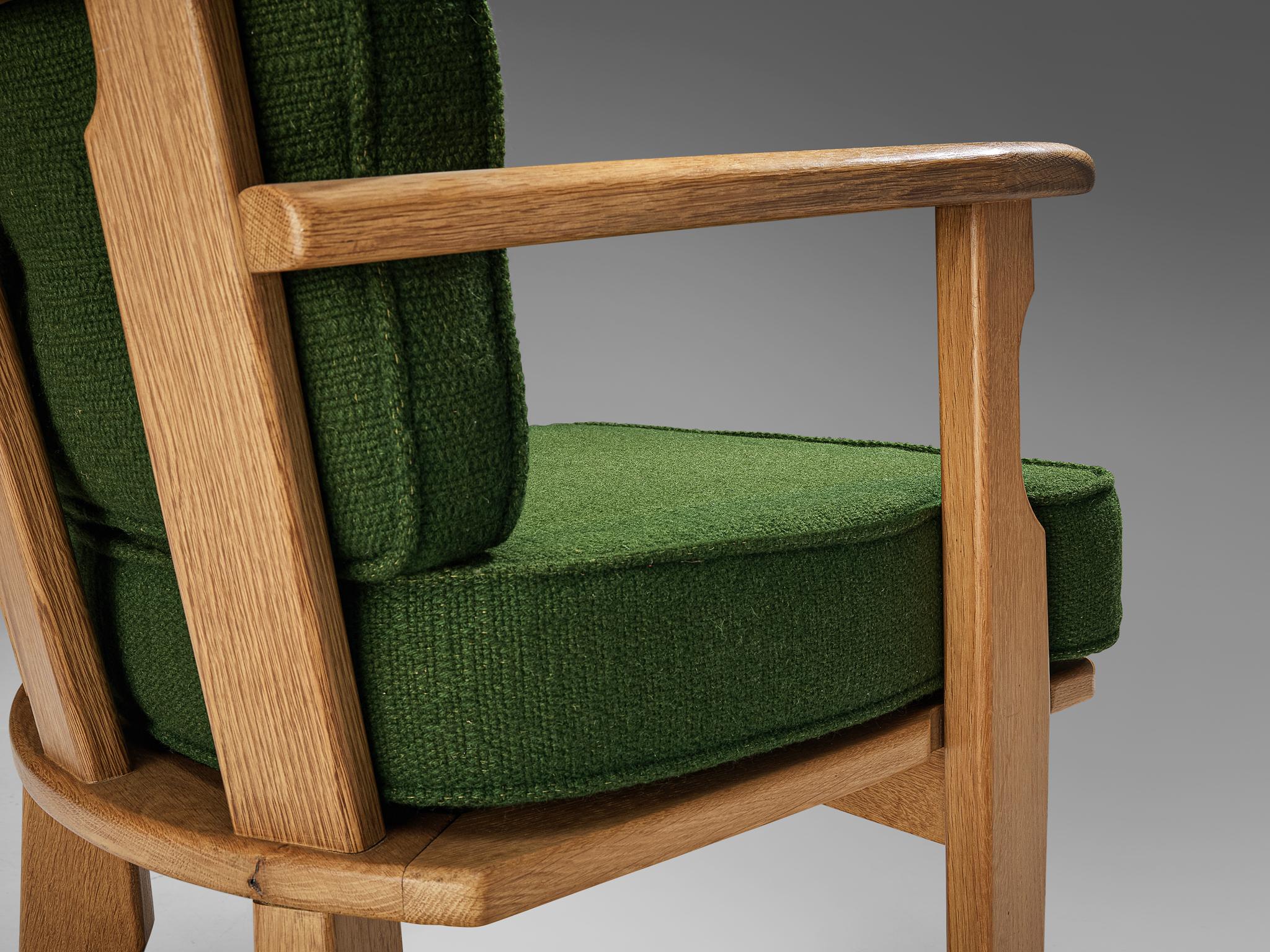 Mid-20th Century Guillerme & Chambron Easy Chair in Oak and Green Wool  For Sale