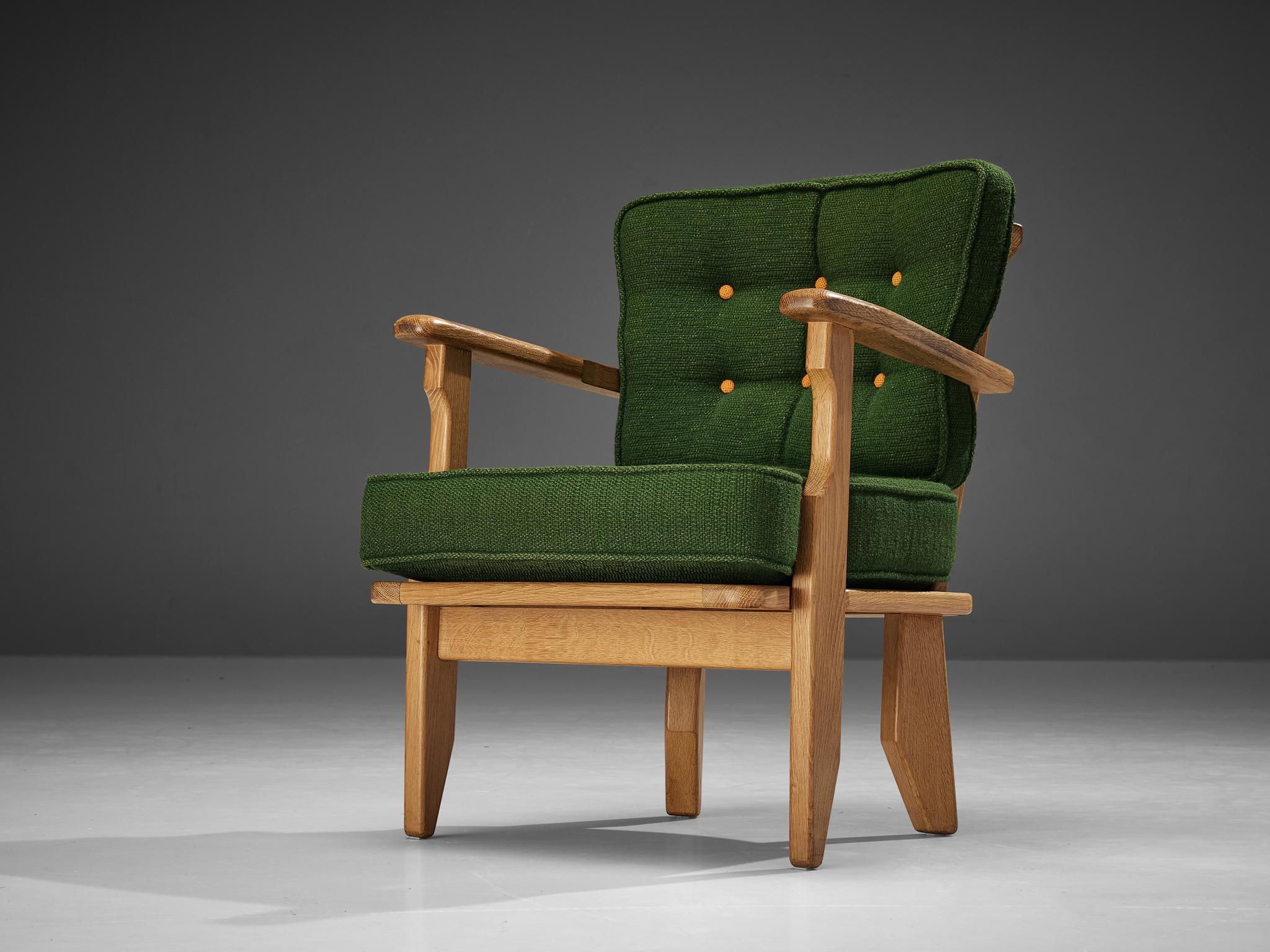 Guillerme & Chambron Easy Chair in Oak and Green Wool  For Sale 1