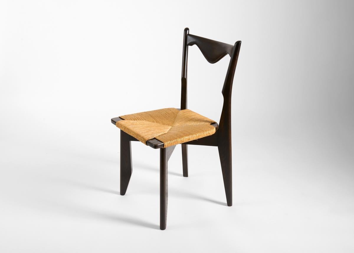 Mid-Century Modern Guillerme et Chambron, Ebonized Side Chair with Rattan Seat, France, C. 1960