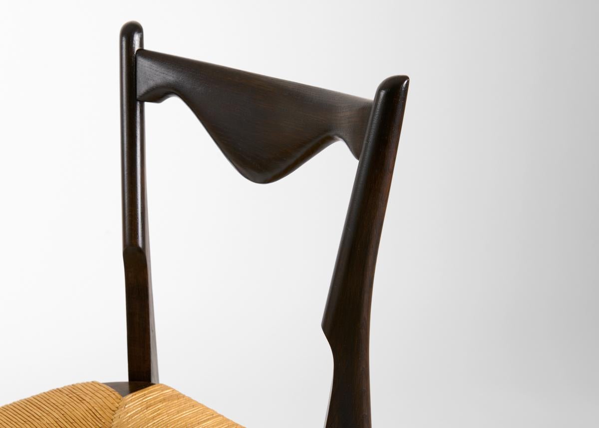 Limed Guillerme et Chambron, Ebonized Side Chair with Rattan Seat, France, C. 1960
