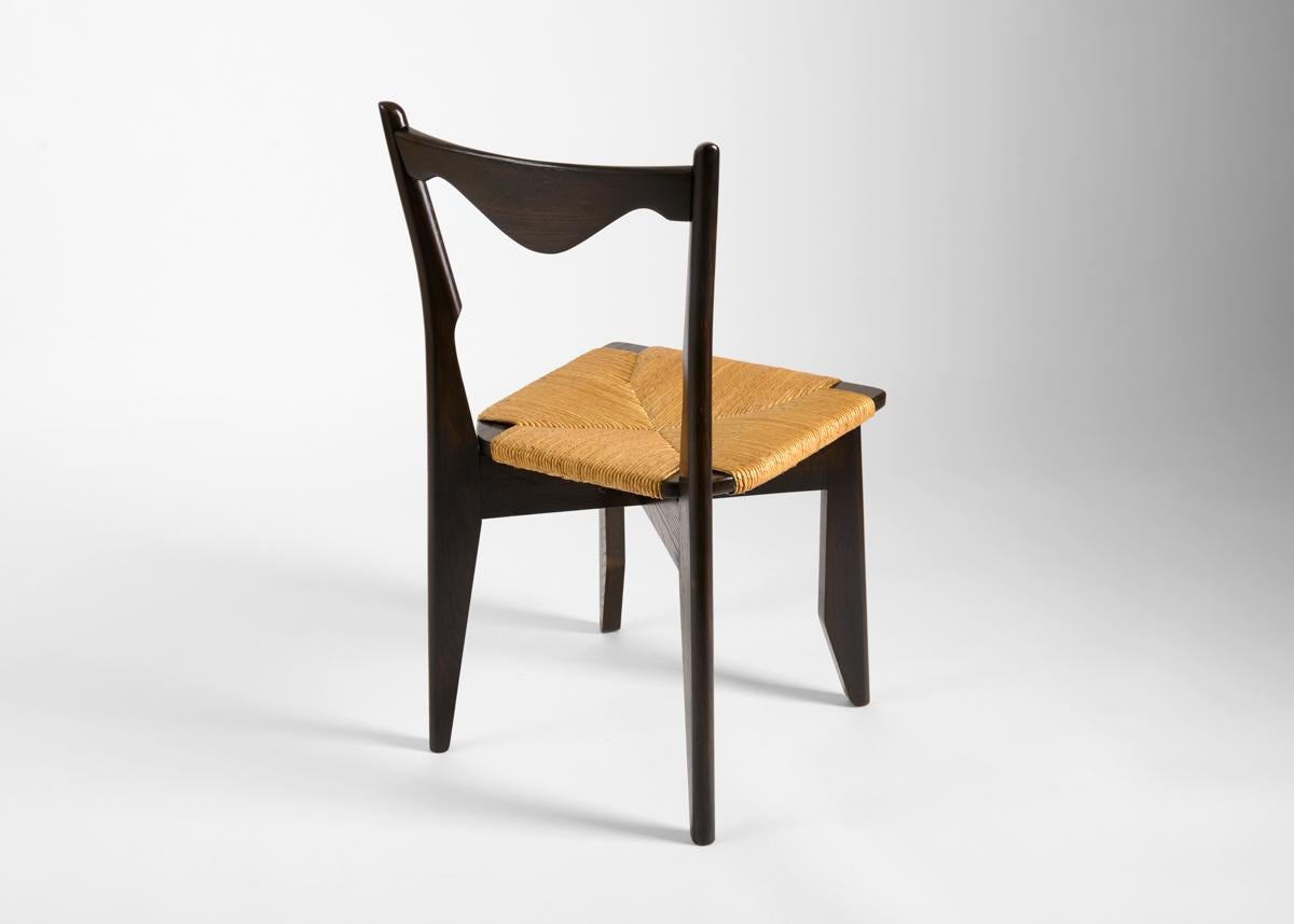 Guillerme et Chambron, Ebonized Side Chair with Rattan Seat, France, C. 1960 In Good Condition In New York, NY