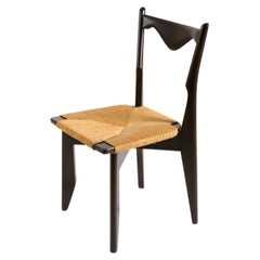Vintage Guillerme et Chambron, Ebonized Side Chair with Rattan Seat, France, C. 1960