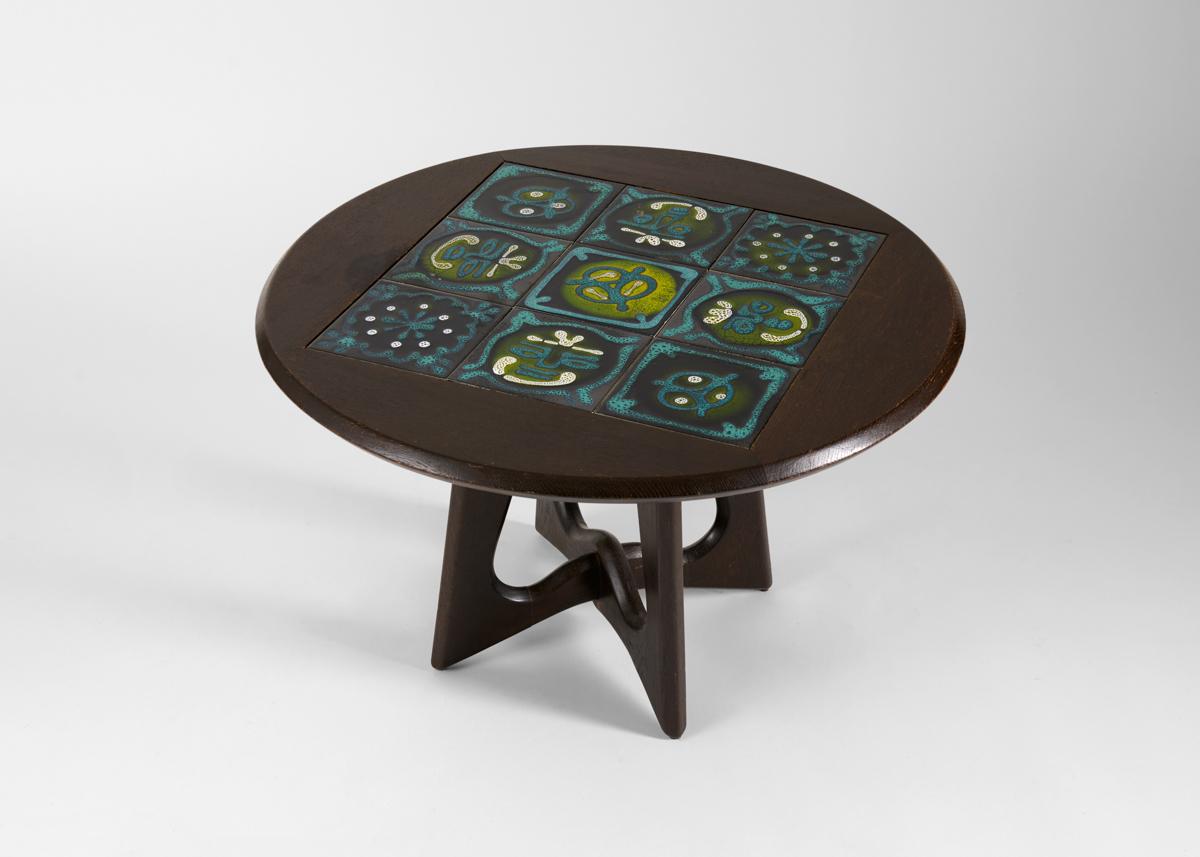 Glazed Guillerme et Chambron, Ebonized Tile-topped Coffee Table, France, circa 1960 For Sale