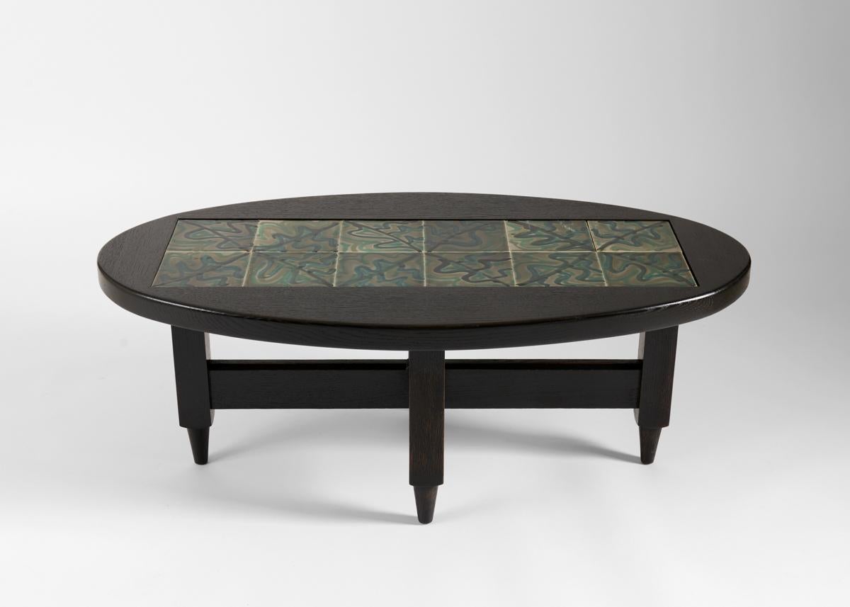 Mid-Century Modern Guillerme et Chambron, Ebonized Tile-topped Coffee Table, France
