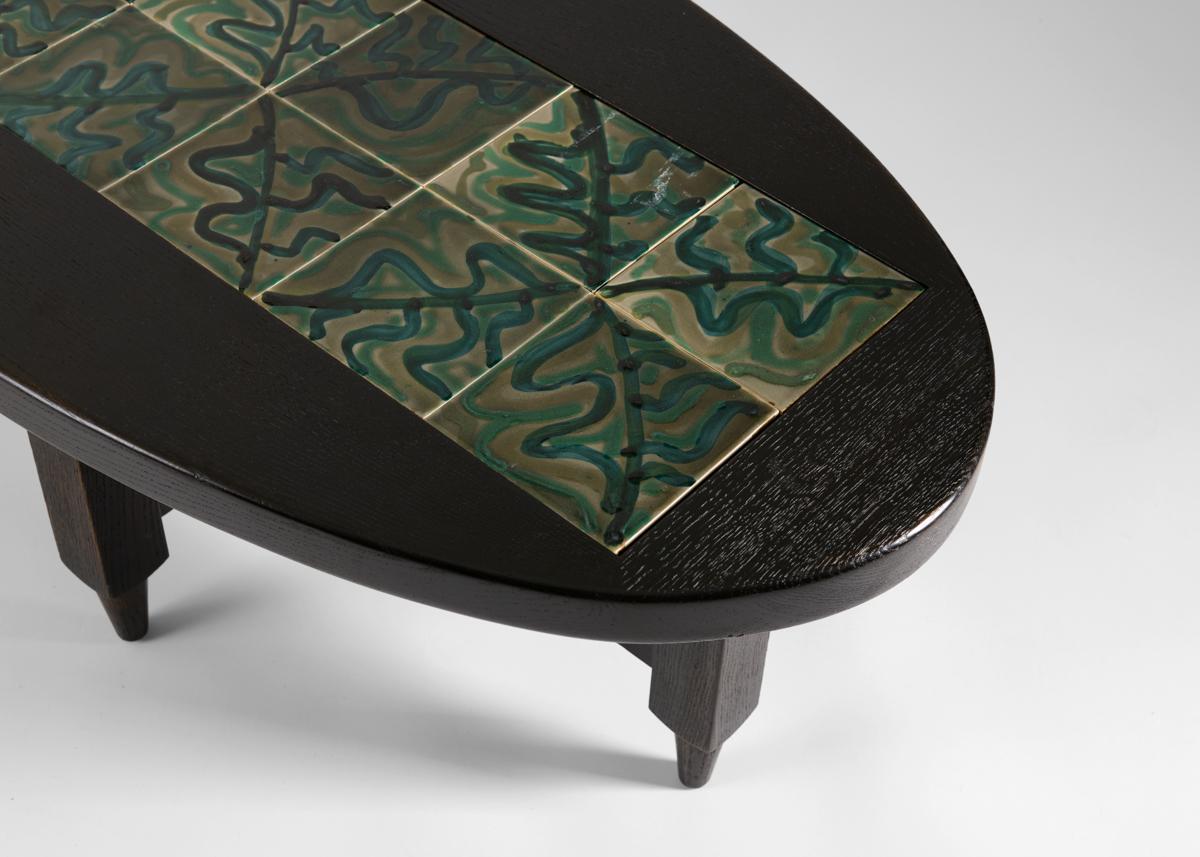 Guillerme et Chambron, Ebonized Tile-topped Coffee Table, France In Good Condition In New York, NY