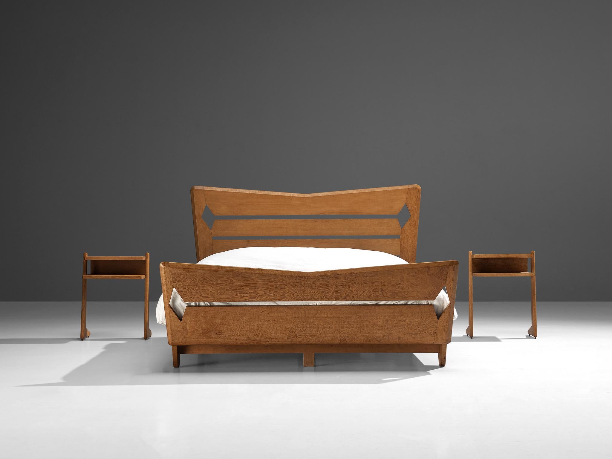 Mid-20th Century Guillerme & Chambron Double Bed with Night Stands in Oak