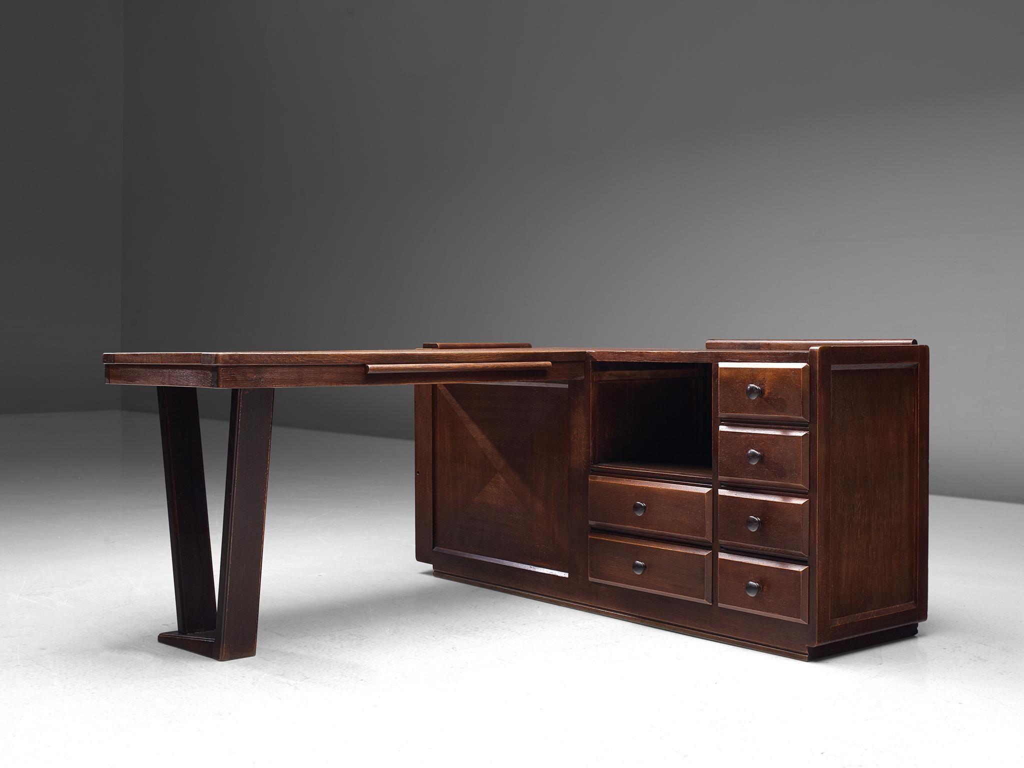 Mid-20th Century Guillerme et Chambron Free-Standing Corner Desk in Stained Oak