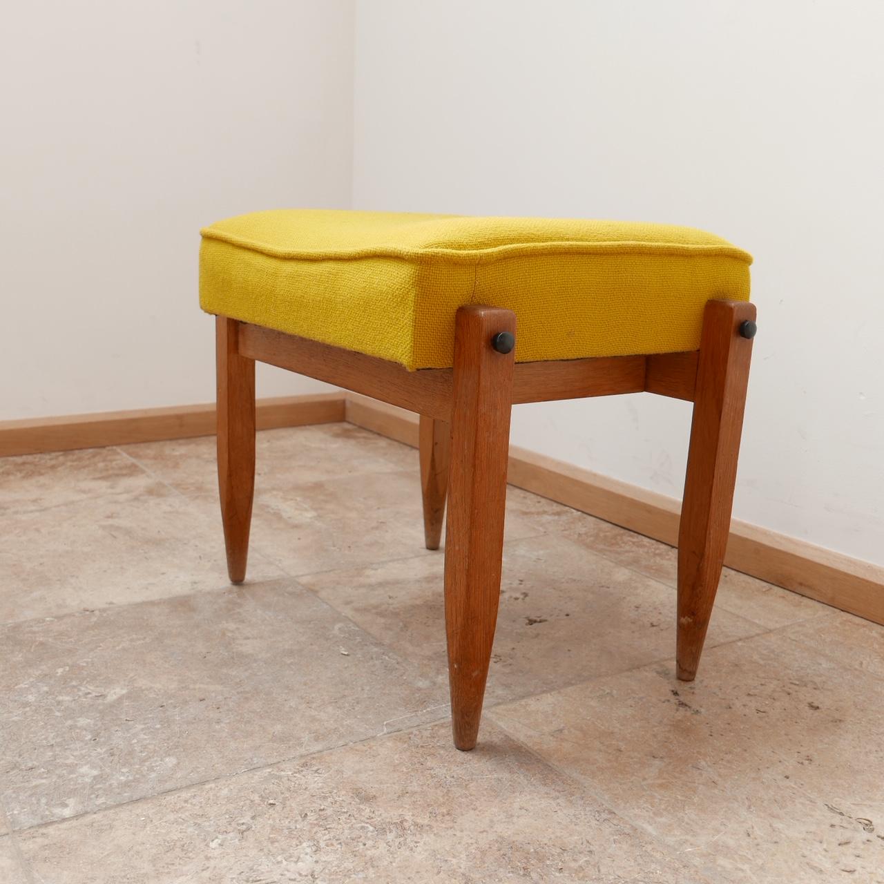 A rare stool by French design legends by Guillerme et Chambron. 

France, c1960s. 

Original upholstery retained in great condition but could be updated easily to taste. 

Solid oak structure. 

Good condition, some scuffs and marks