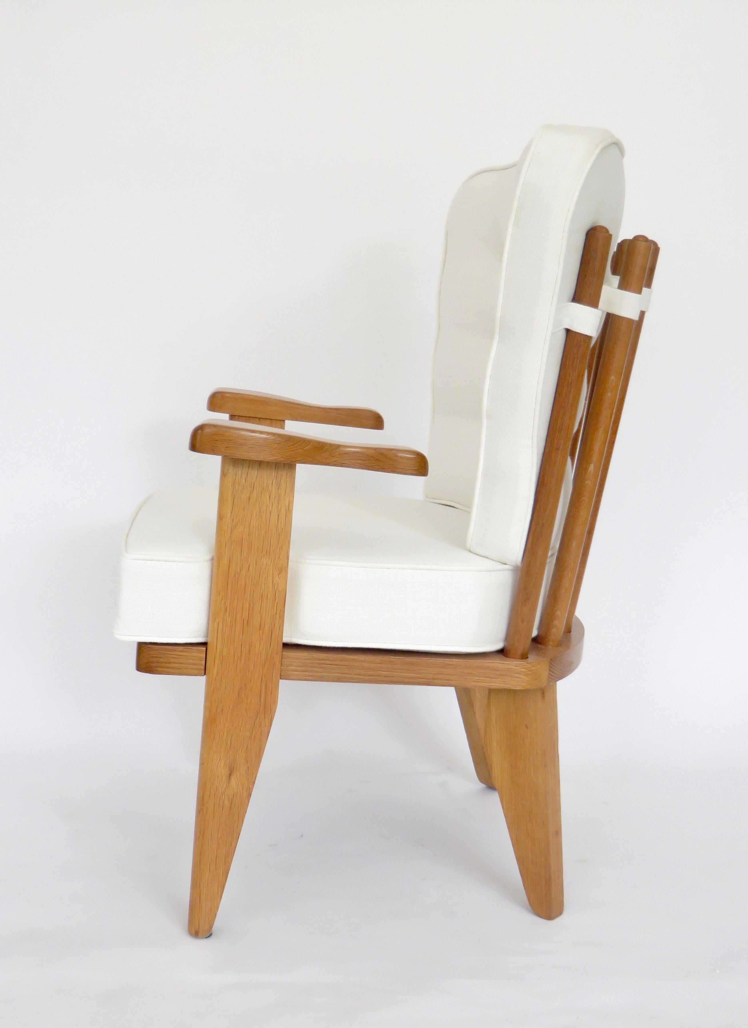 Guillerme et Chambron French Natural Oak and White Linen Lounge or Side Chair 1