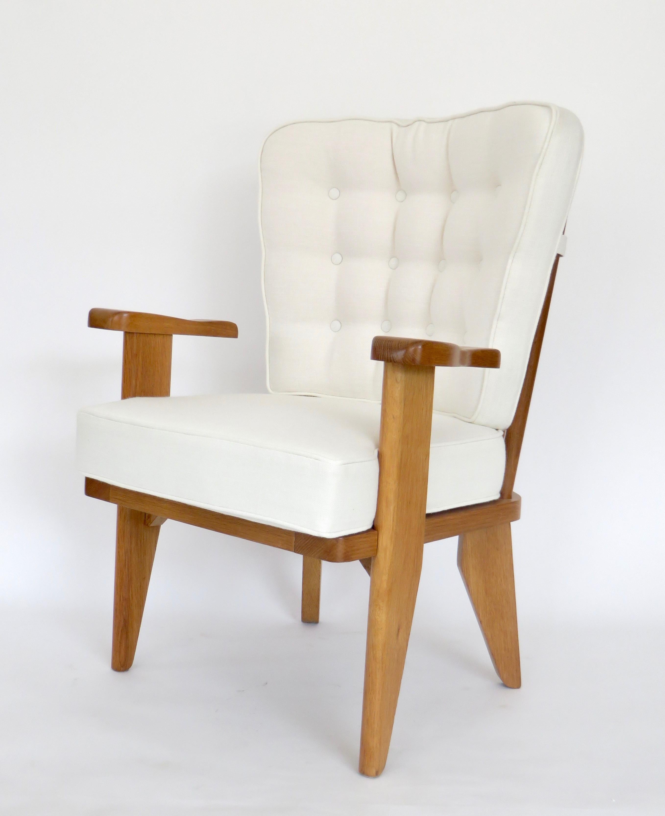 Guillerme et Chambron French Natural Oak and White Linen Lounge or Side Chair 2