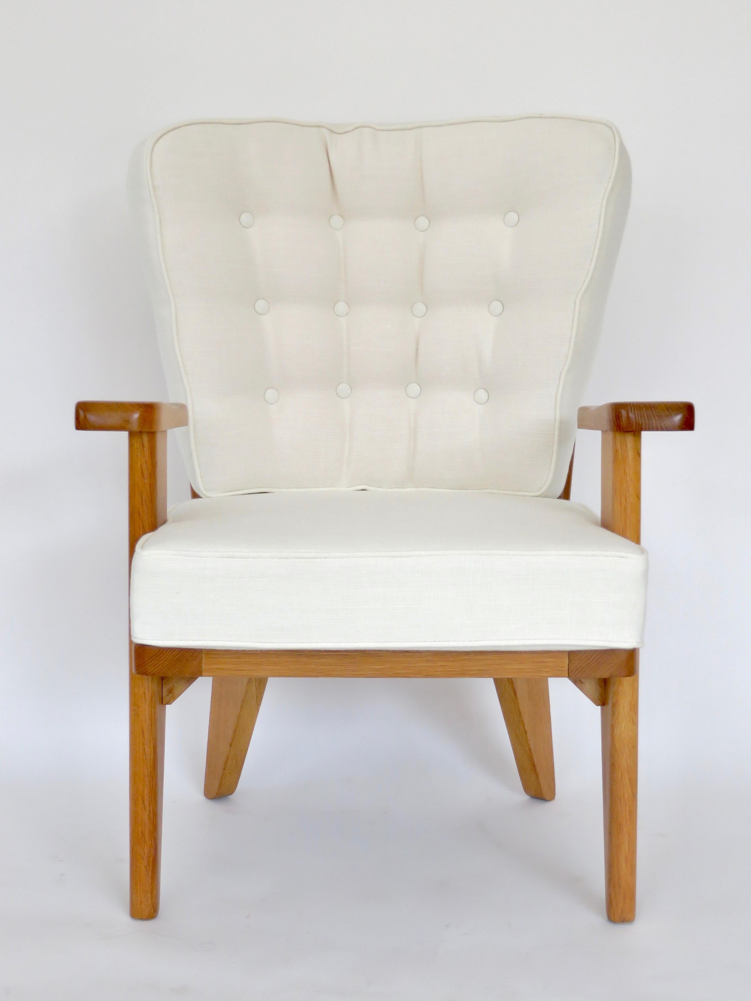 Guillerme et Chambron French Natural Oak and White Linen Lounge or Side Chair 3