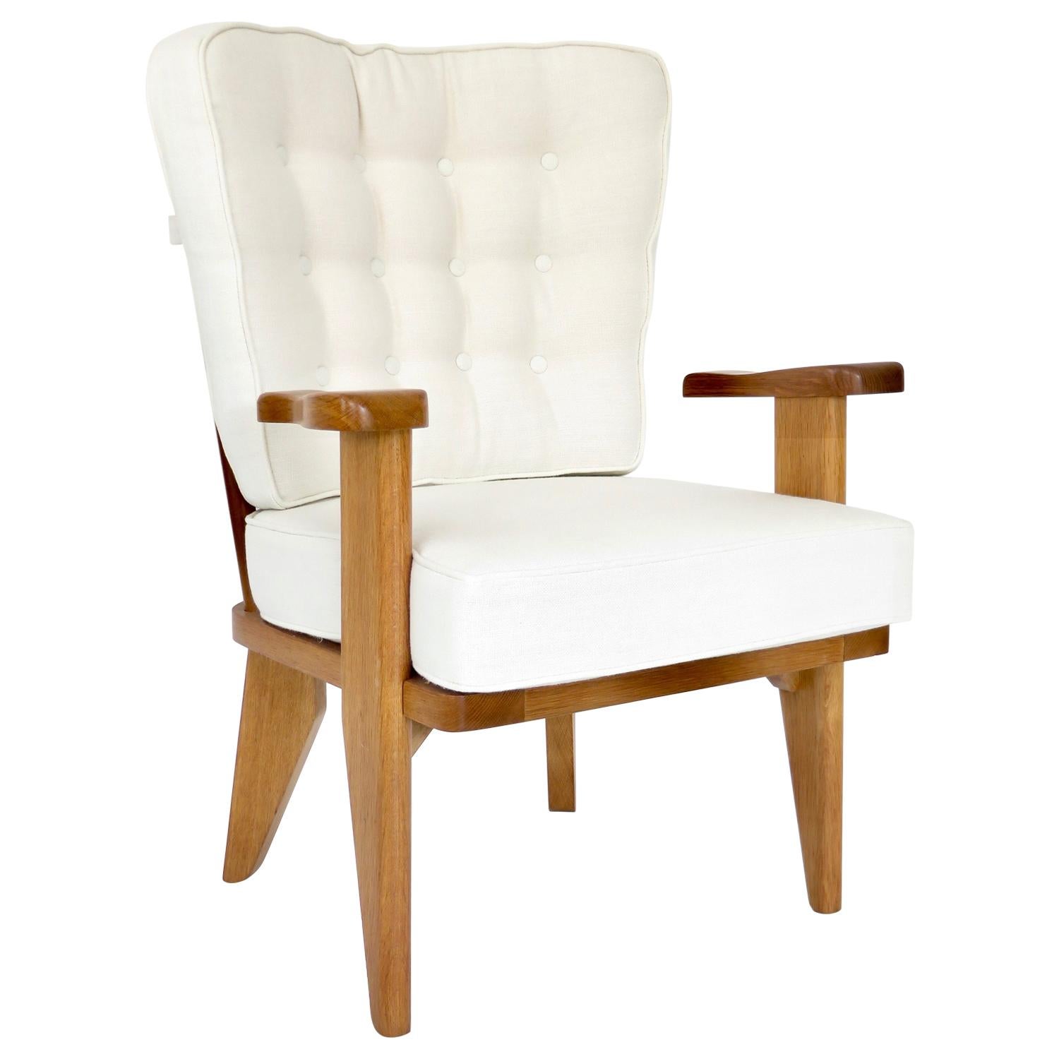 Guillerme et Chambron French Natural Oak and White Linen Lounge or Side Chair