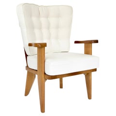 Guillerme et Chambron French Natural Oak and White Linen Lounge or Side Chair