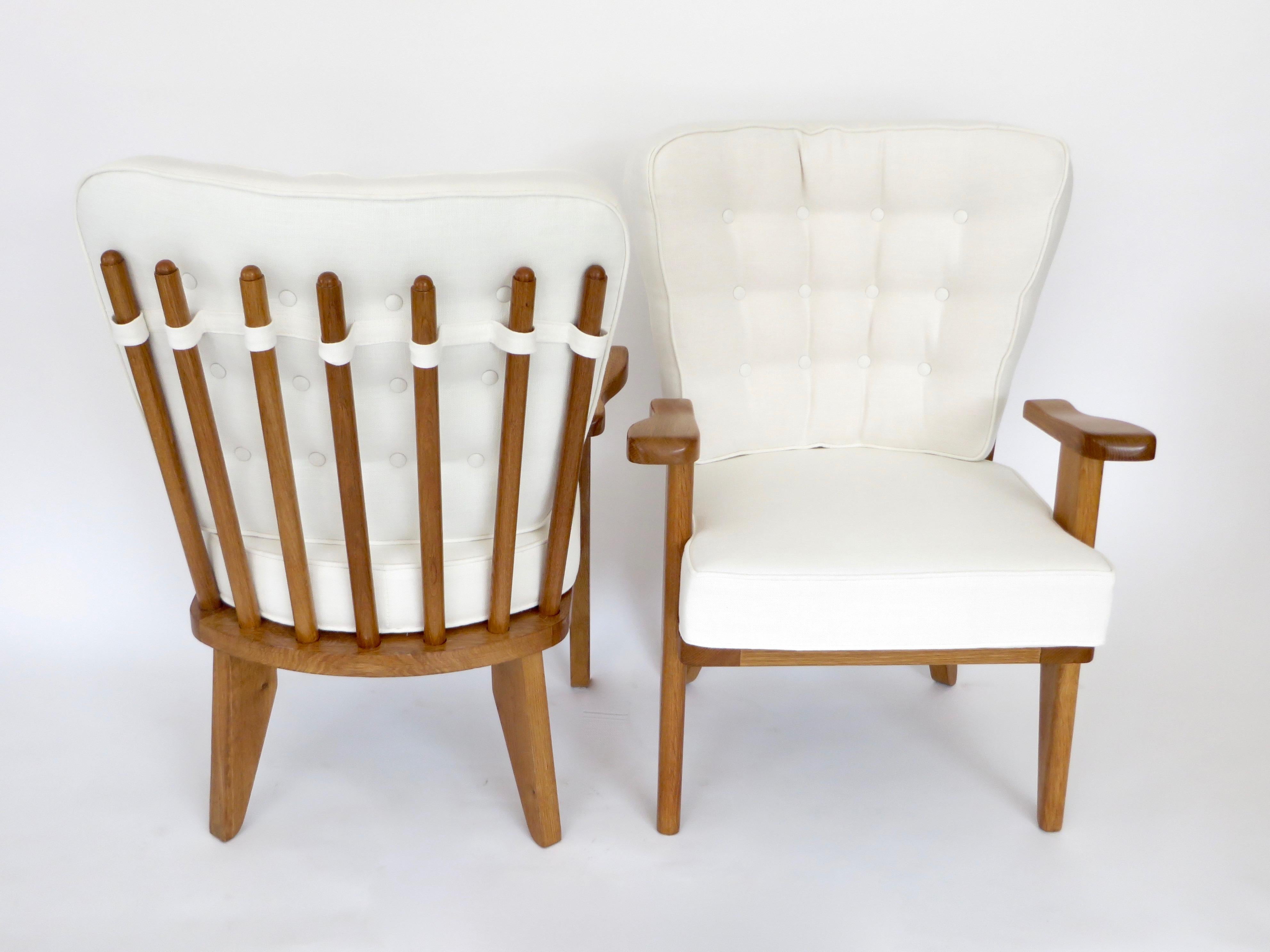 Guillerme et Chambron French Natural Oak and White Linen Lounge or Side Chairs 5