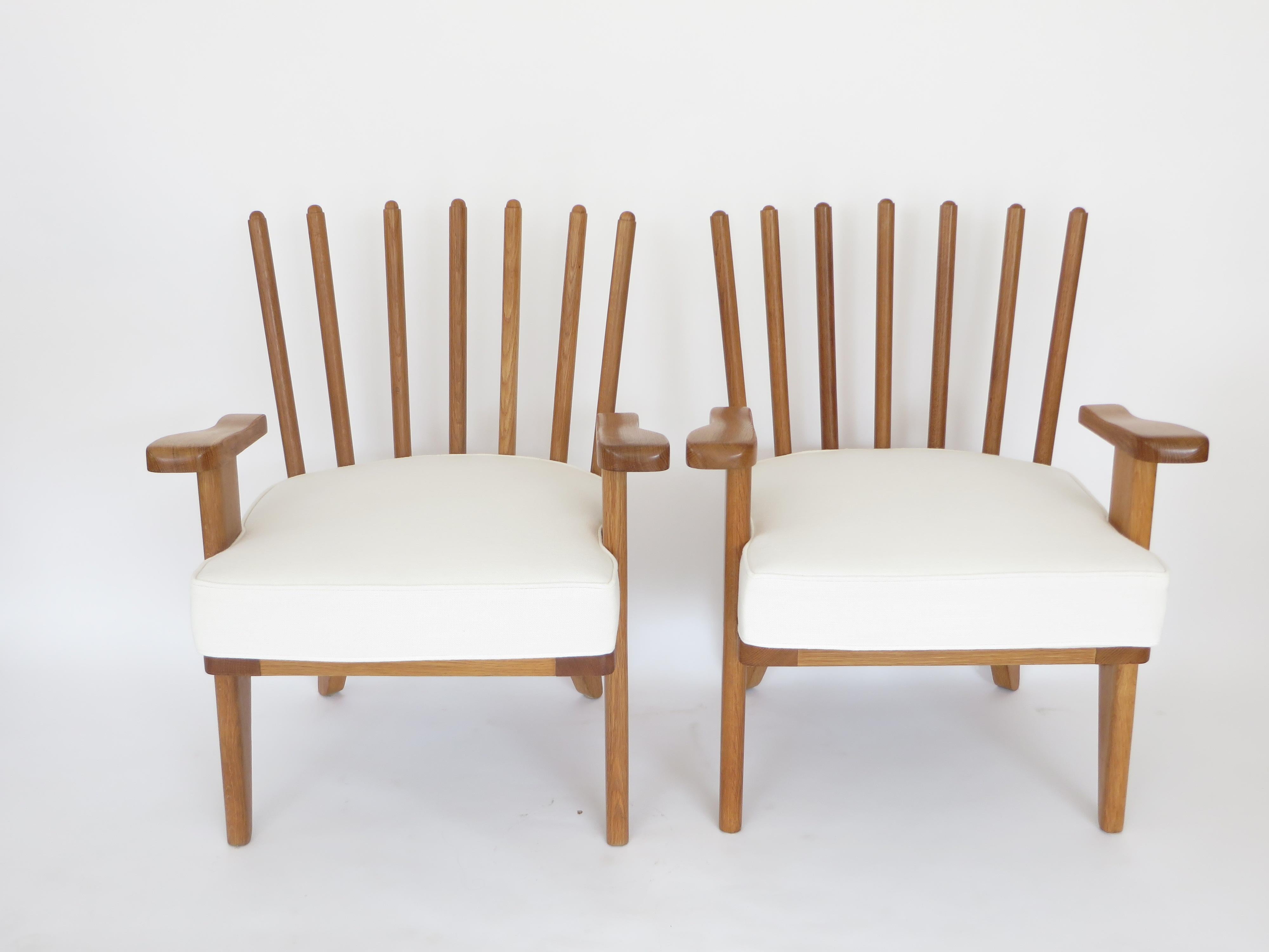 Guillerme et Chambron French Natural Oak and White Linen Lounge or Side Chairs 6