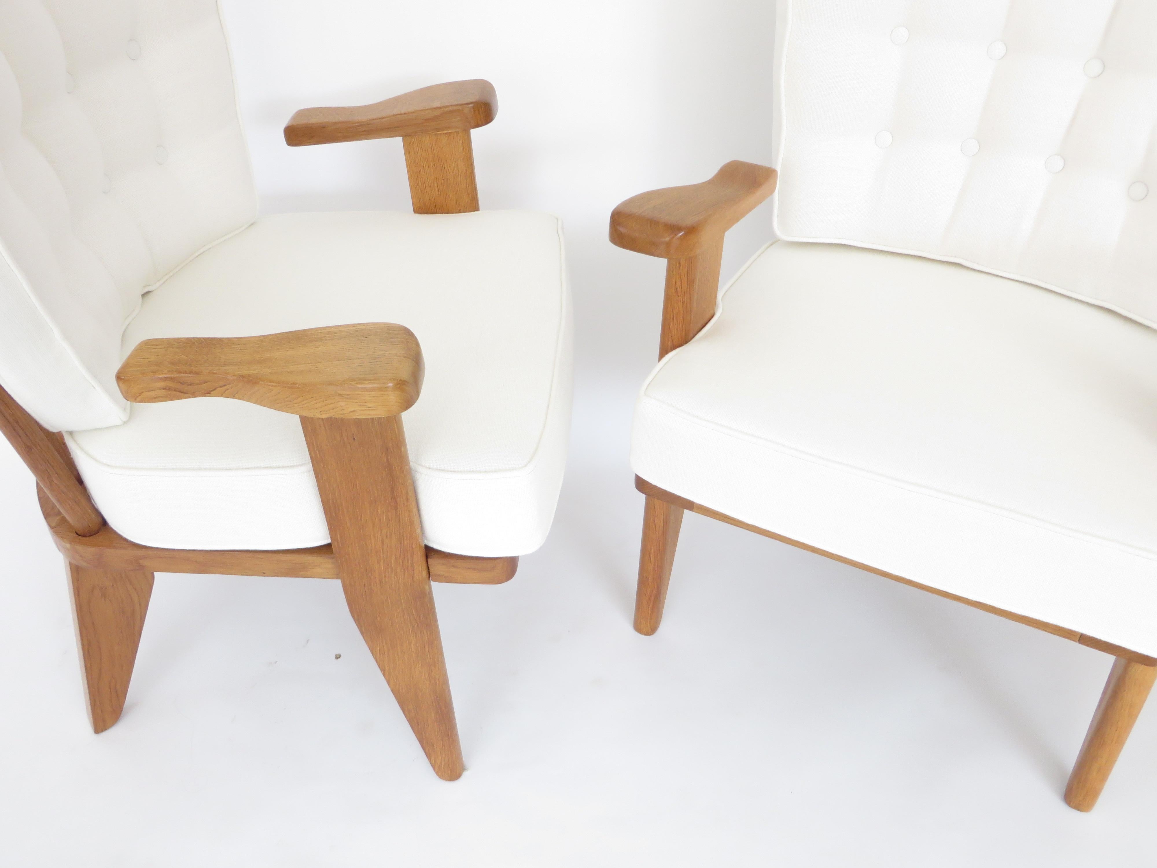 Guillerme et Chambron French Natural Oak and White Linen Lounge or Side Chairs 11