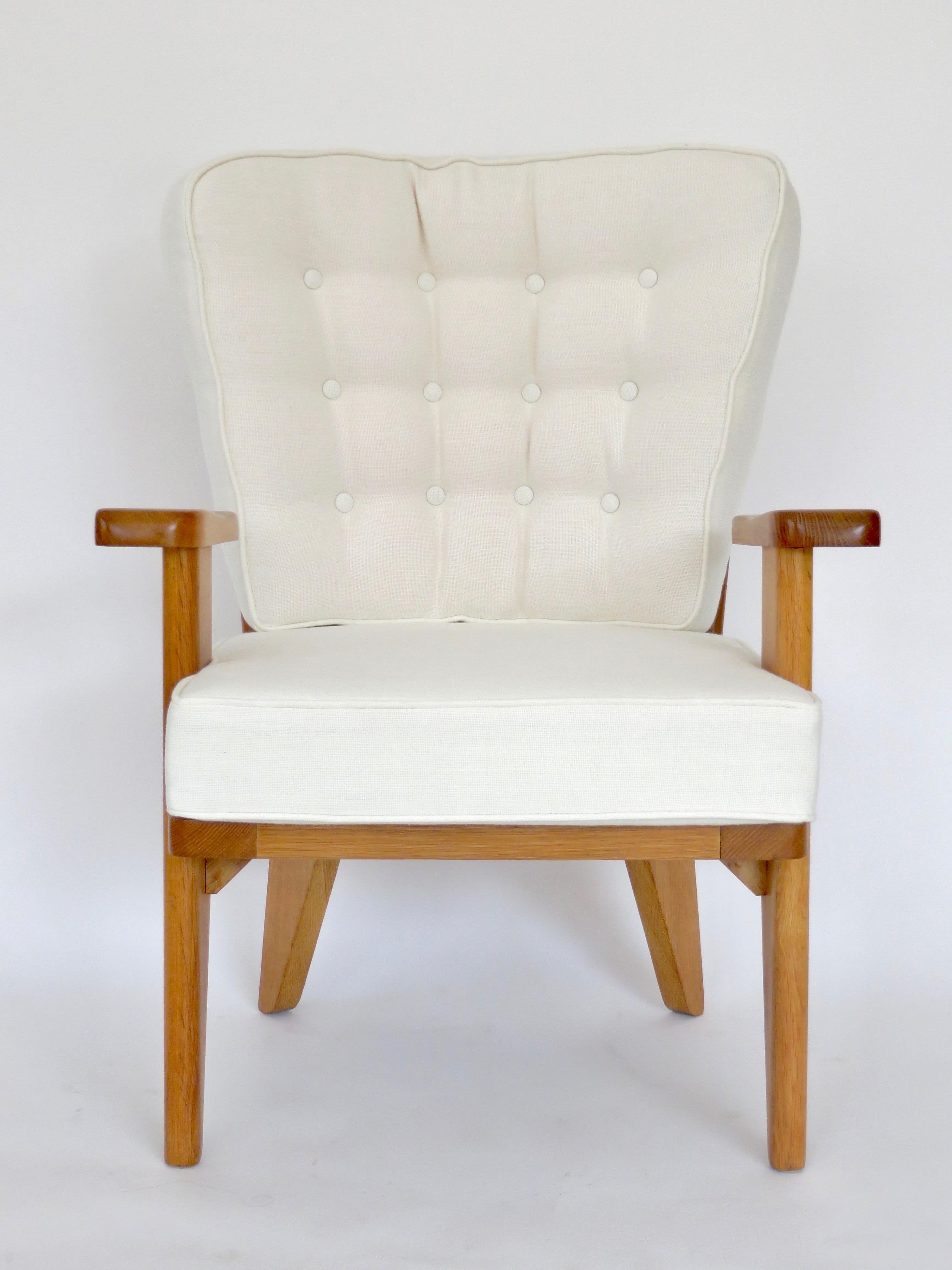Guillerme et Chambron French Natural Oak and White Linen Lounge or Side Chairs 4