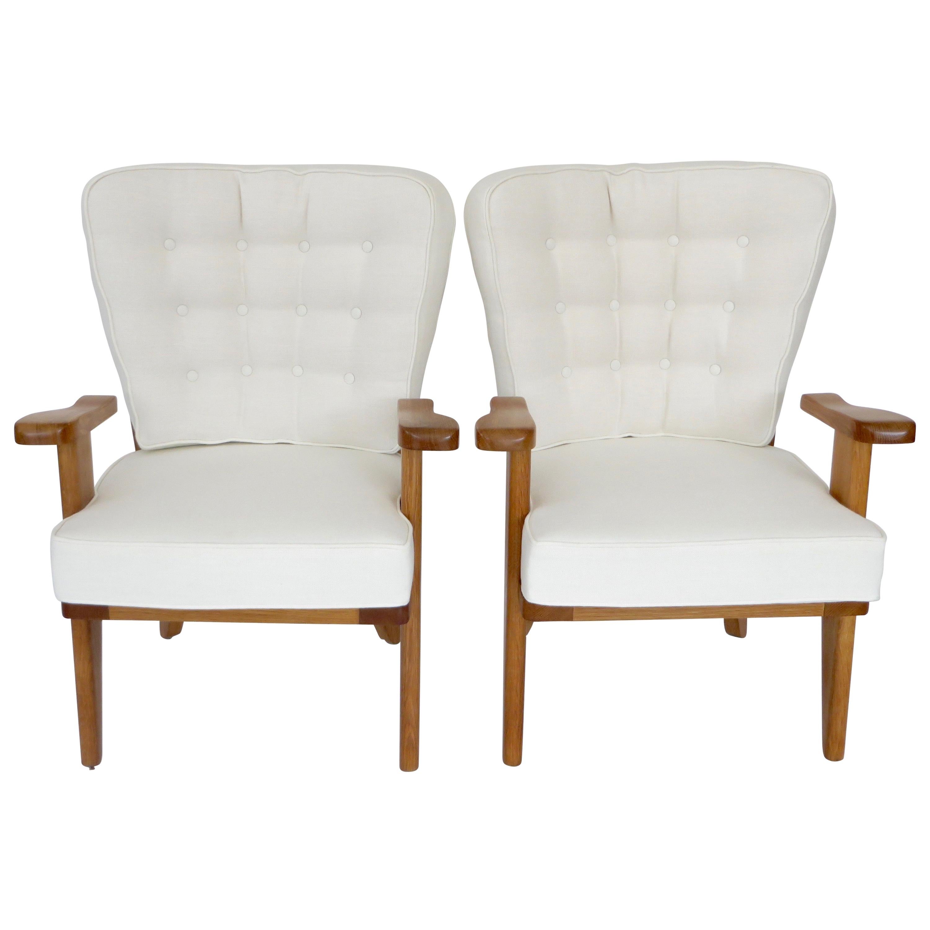 Guillerme et Chambron French Natural Oak and White Linen Lounge or Side Chairs