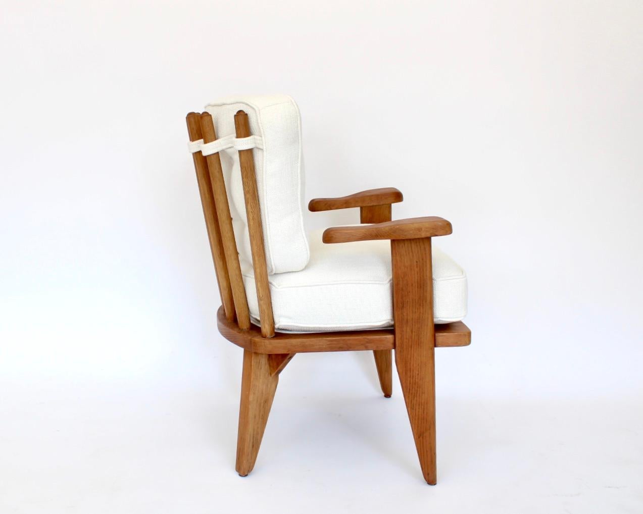 Guillerme et Chambron French Natural Oak and White Textured Linen Side Chairs For Sale 5