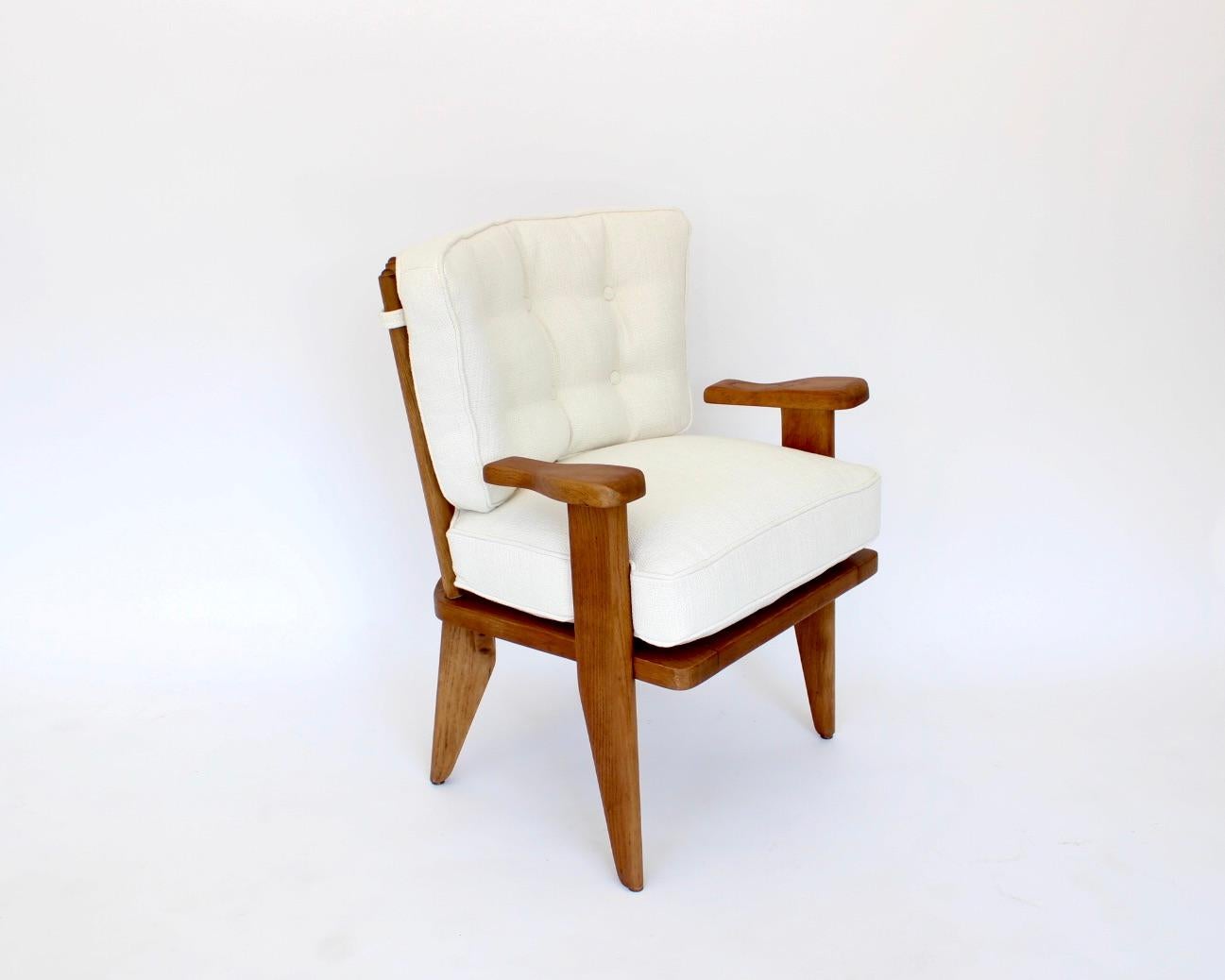 Guillerme et Chambron French Natural Oak and White Textured Linen Side Chairs For Sale 6