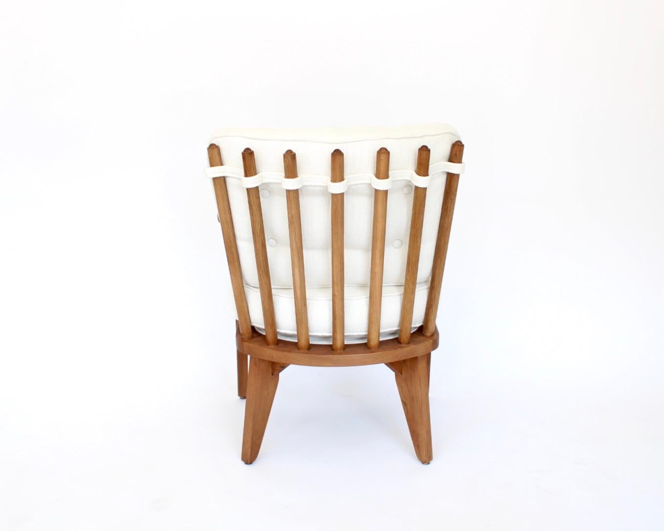 Guillerme et Chambron French Natural Oak and White Textured Linen Side Chairs For Sale 3