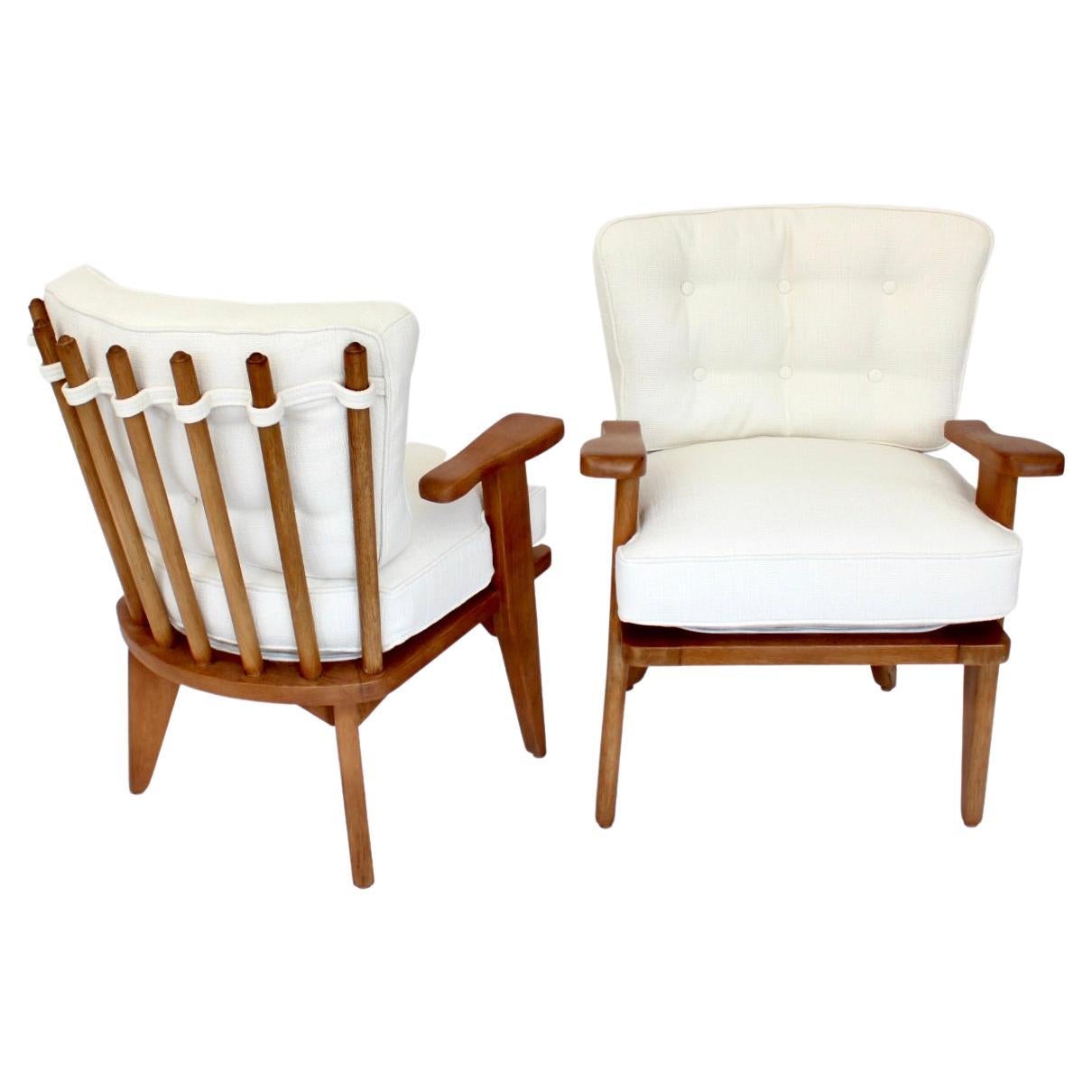 Guillerme et Chambron French Natural Oak and White Textured Linen Side Chairs For Sale