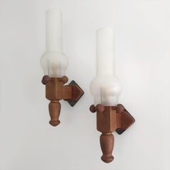 Guillerme et Chambron French Oak & Glass Sconces (rewired US + brass backplates)