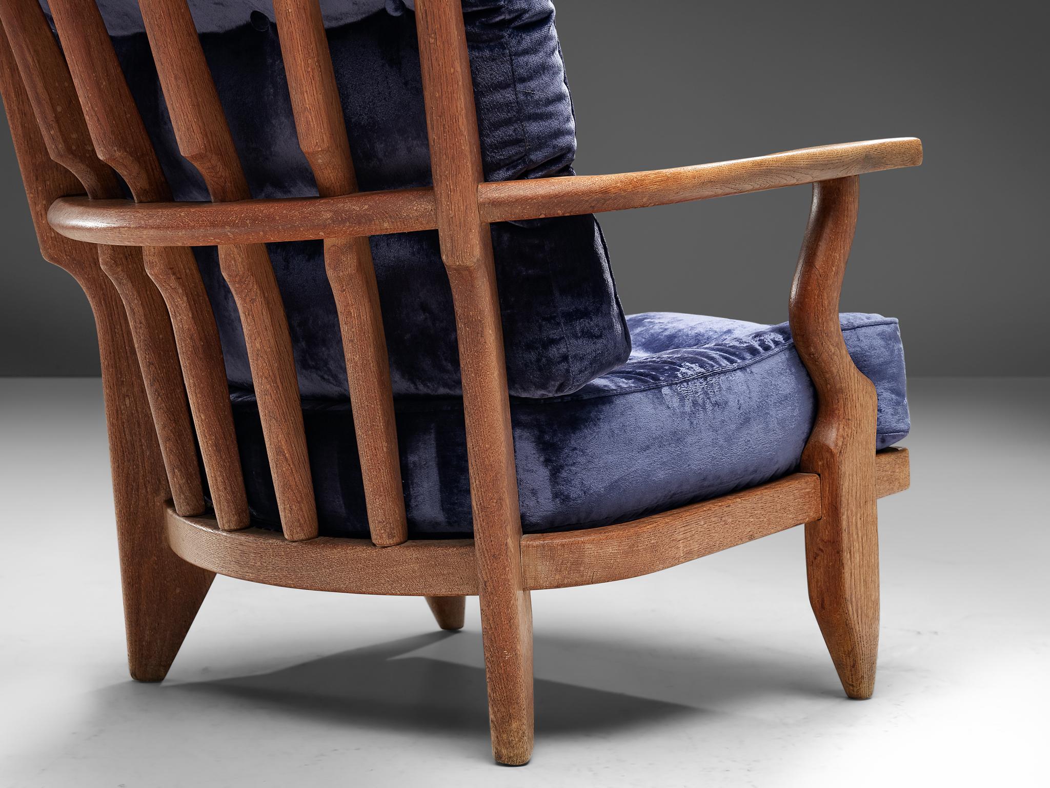 Oak Guillerme & Chambron 'Grand Repos' Lounge Chair in Purple Blue Velvet 