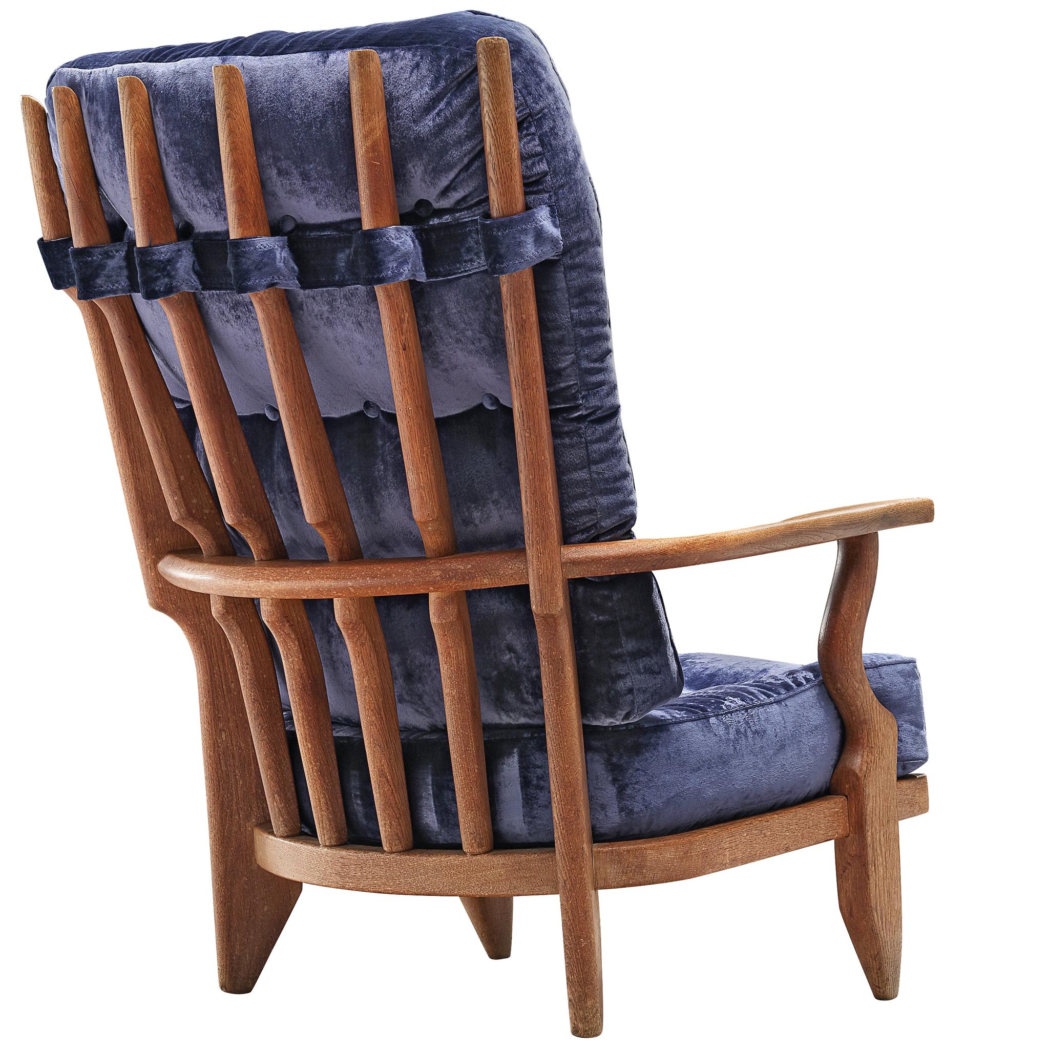 Guillerme & Chambron 'Grand Repos' Lounge Chair in Blue Velvet Upholstery