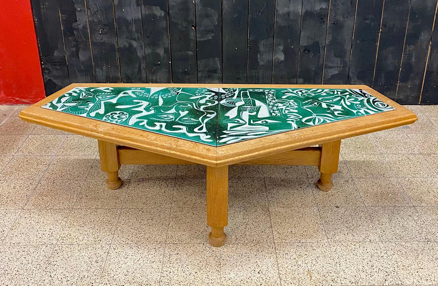 Lava Guillerme Et Chambron, Grande table de salon en chêne et lave émaillée For Sale