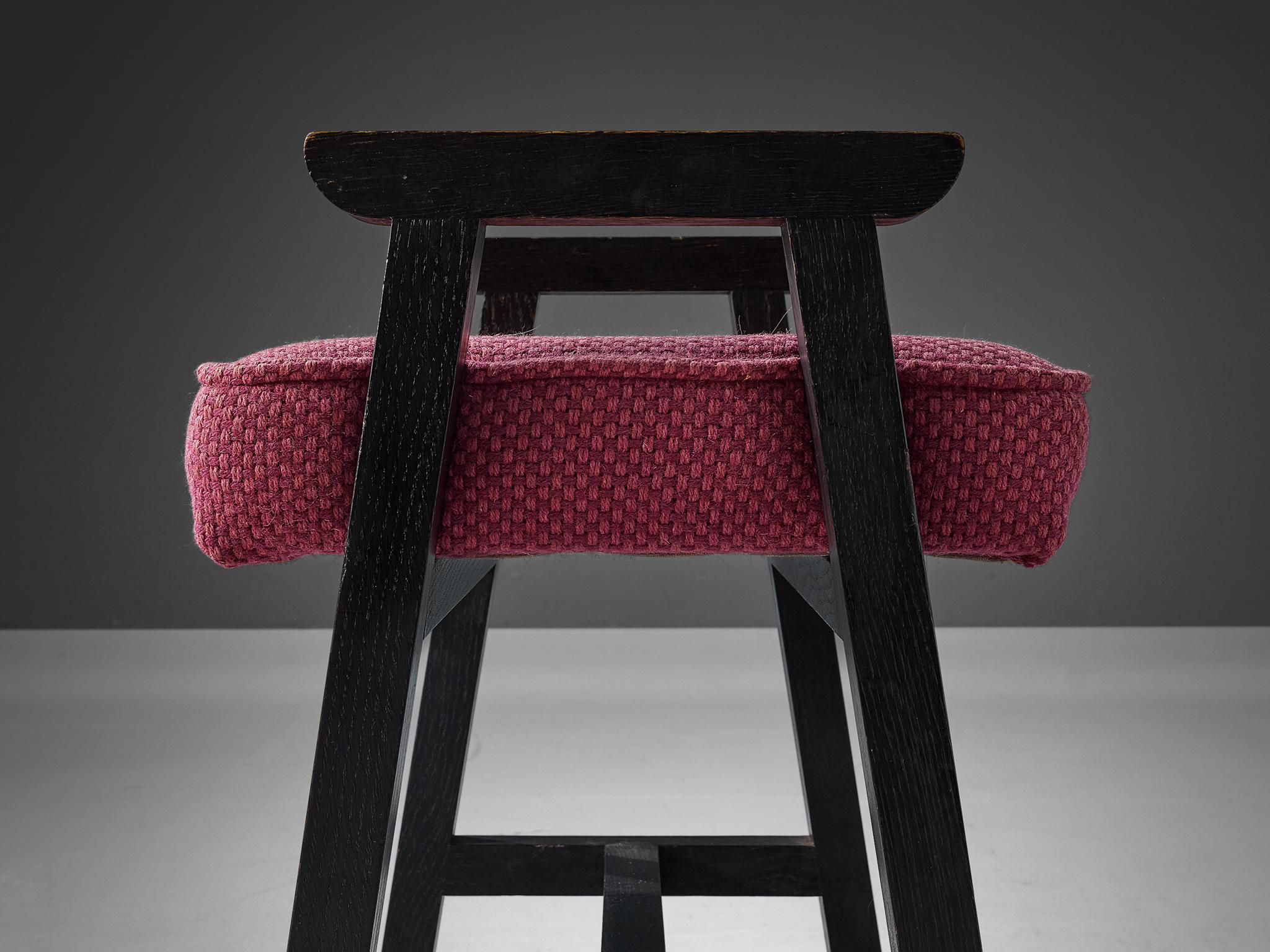 Mid-Century Modern Guillerme & Chambron ‘Grégoire’ Stool in Stained Oak and Pink Upholstery	 For Sale