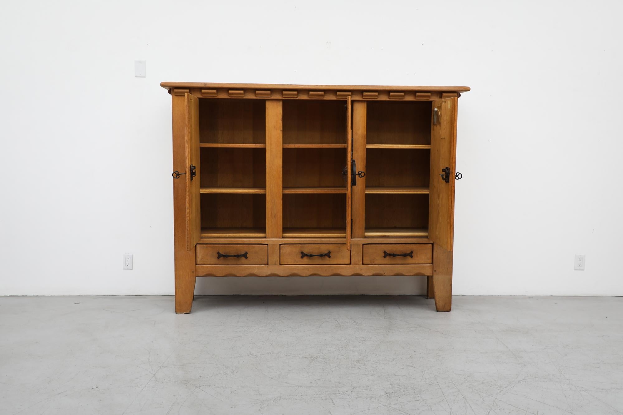 Mid-Century Modern Guillerme et Chambron Inspired Brutalist Oak and Iron Sideboard
