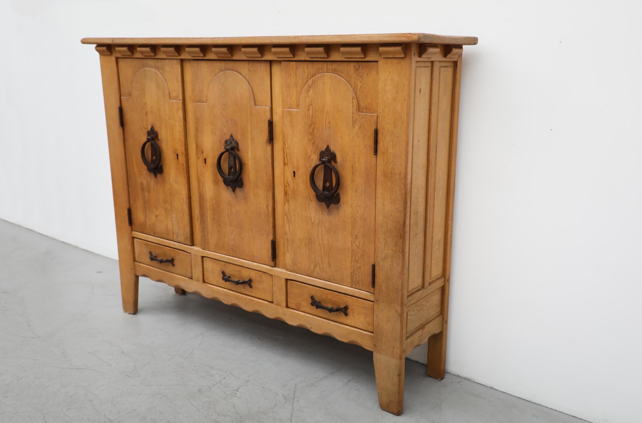 European Guillerme et Chambron Inspired Brutalist Oak and Iron Sideboard
