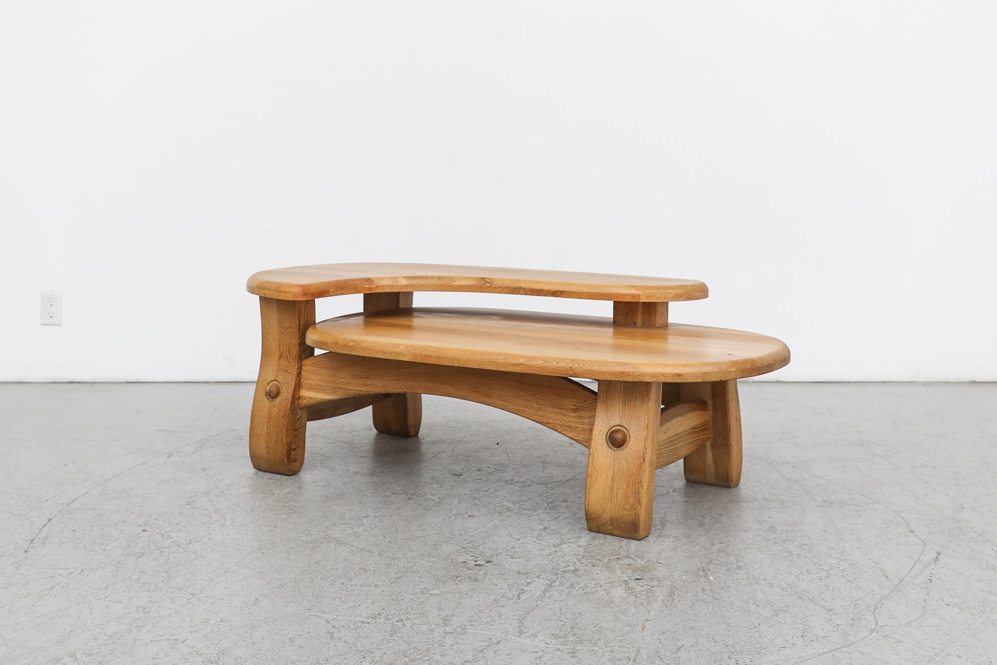 Belgian Guillerme et Chambron Inspired Brutalist Oak Two Tiered Coffee or Side Table For Sale