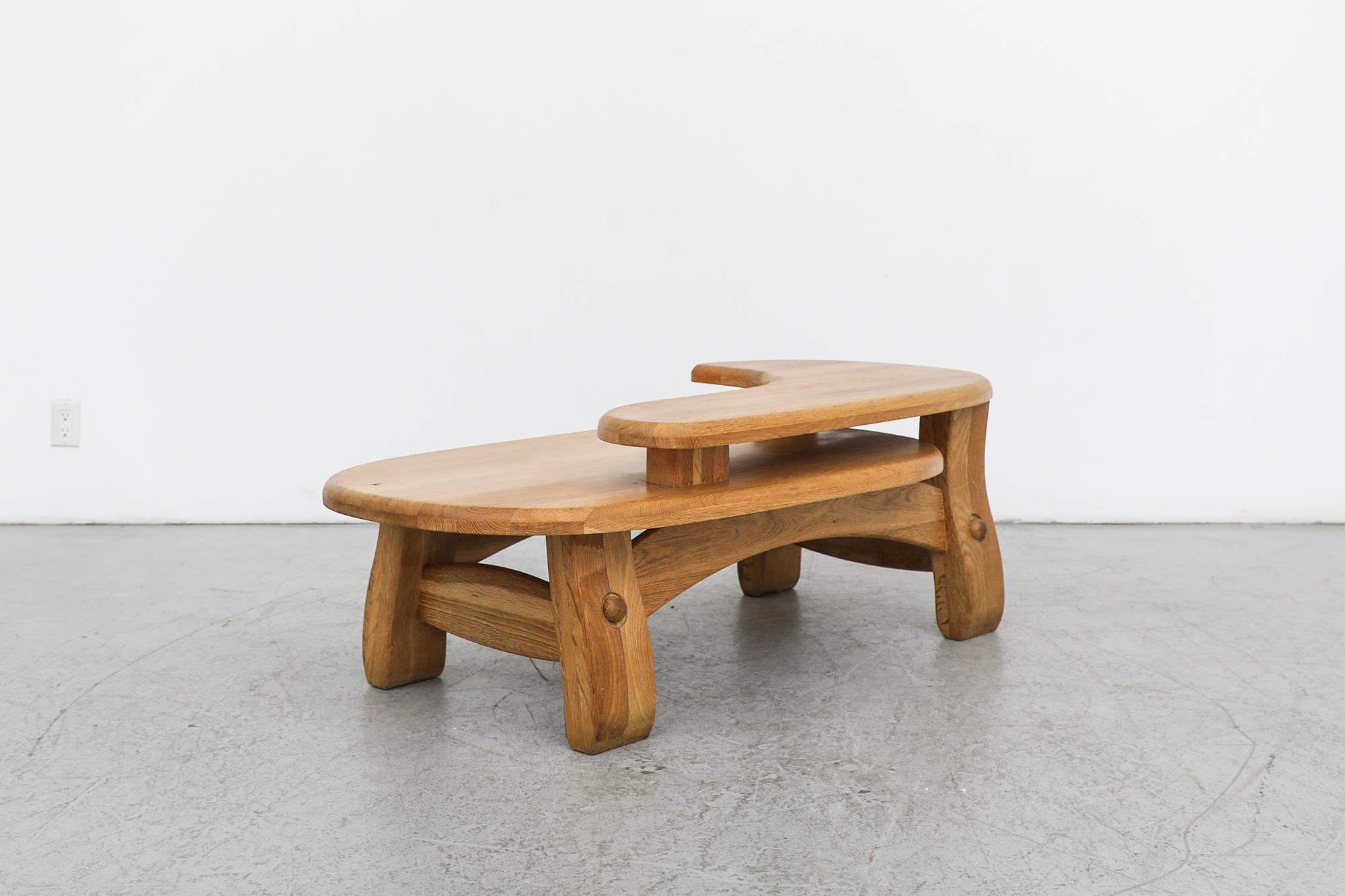 Guillerme et Chambron Inspired Brutalist Oak Two Tiered Coffee or Side Table For Sale 2