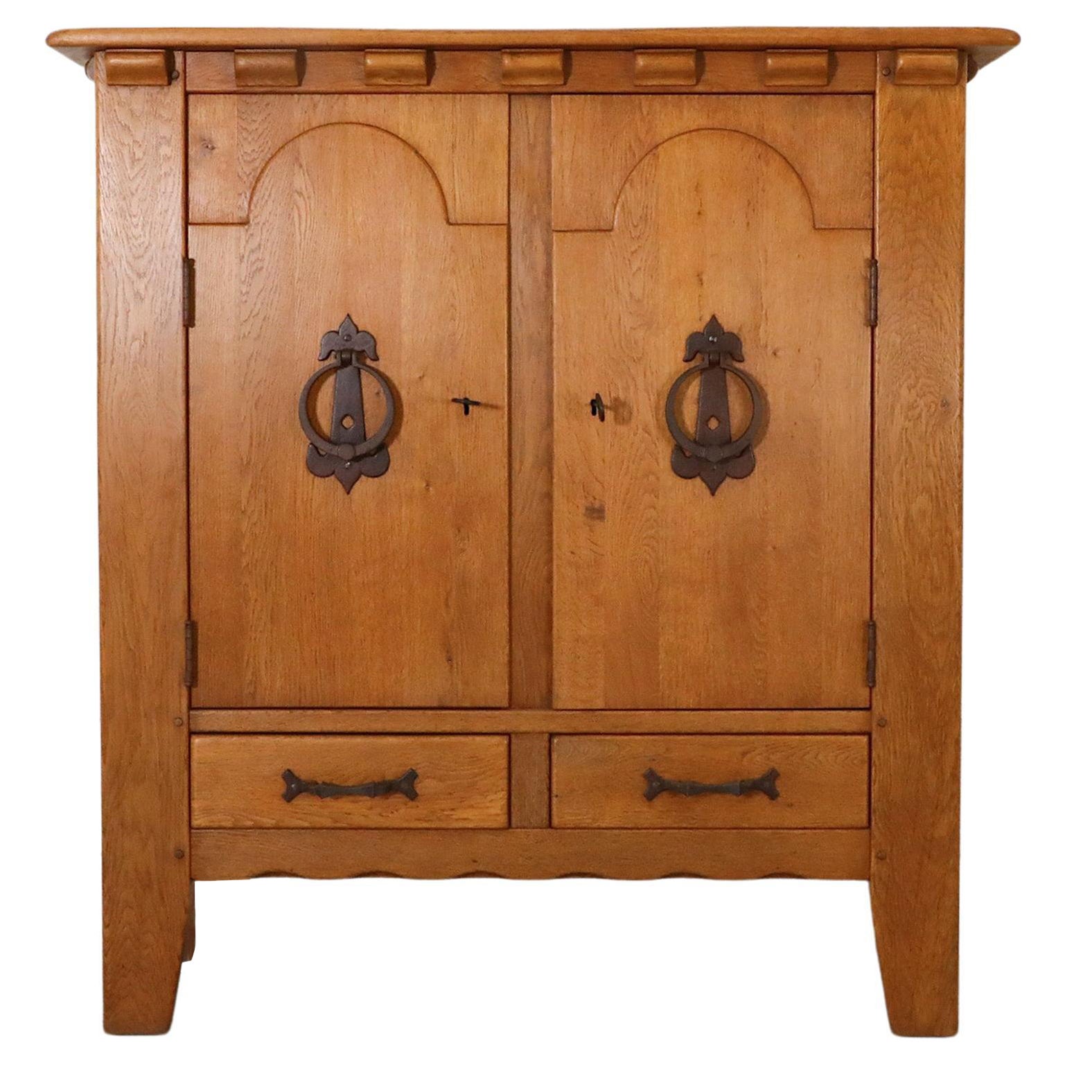 Guillerme et Chambron Inspired Brutalist Solid Oak and Iron Sideboard For Sale