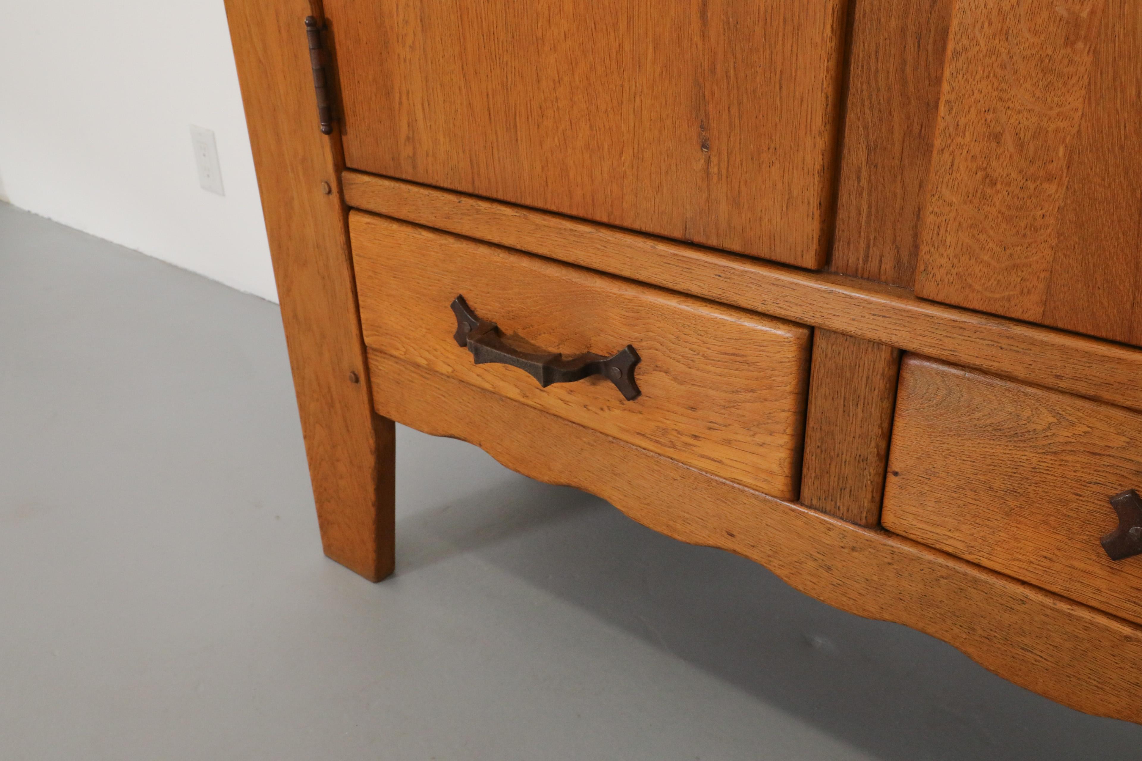 Guillerme et Chambron Inspired Brutalist Solid Oak and Iron Sideboard or Cabinet For Sale 5