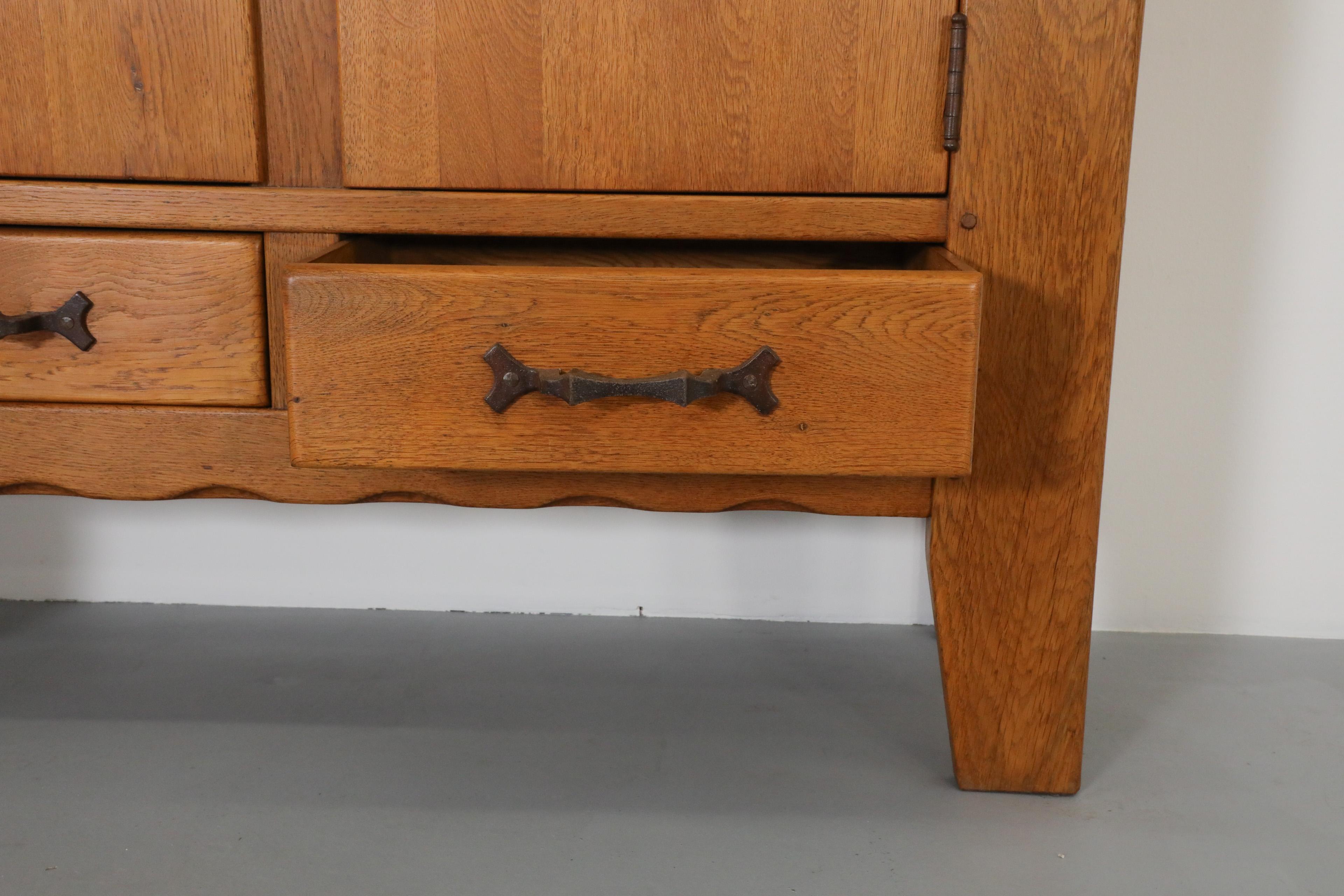 Guillerme et Chambron Inspired Brutalist Solid Oak and Iron Sideboard or Cabinet For Sale 7