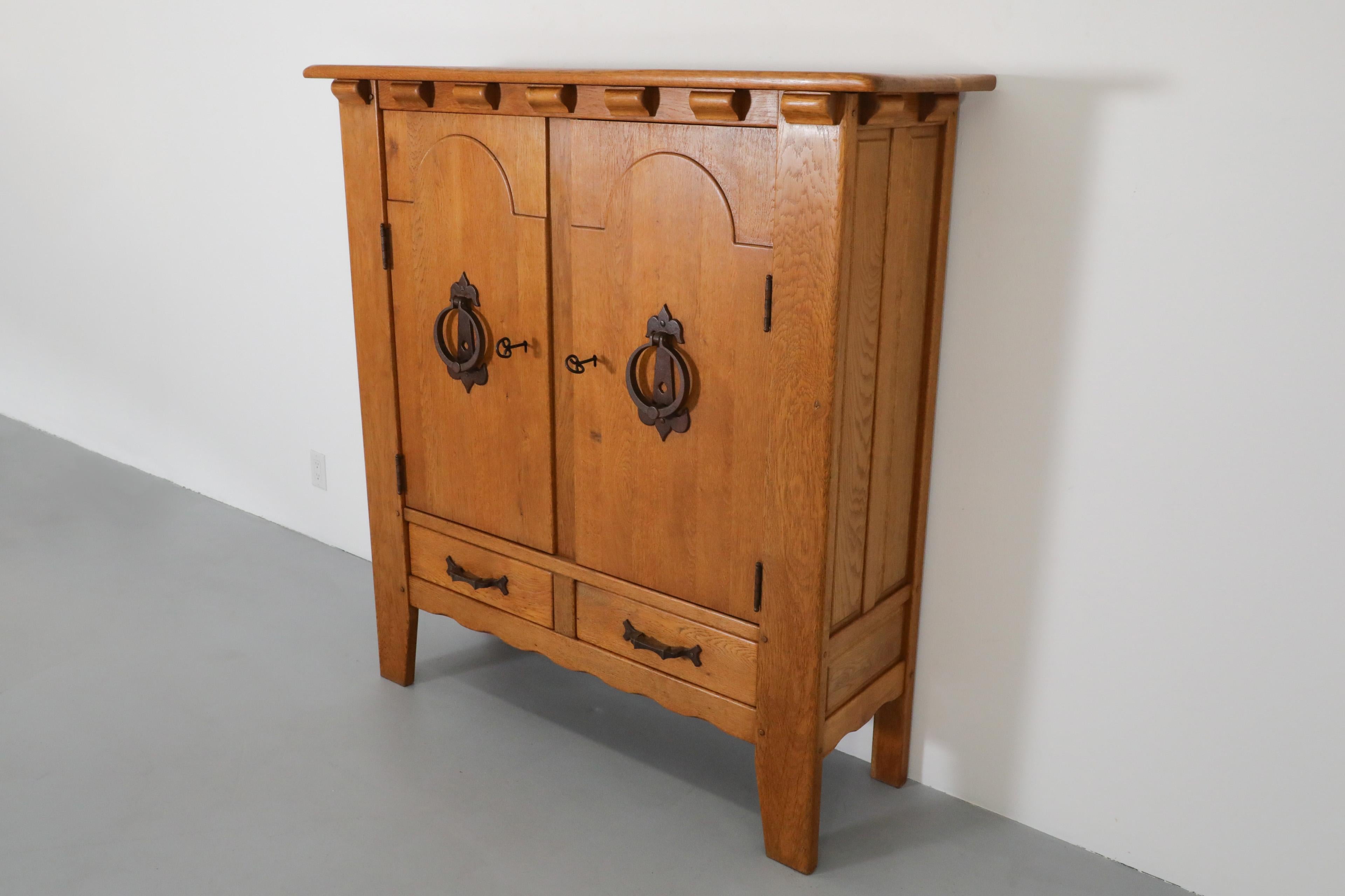 Guillerme et Chambron Inspired Brutalist Solid Oak and Iron Sideboard or Cabinet For Sale 9