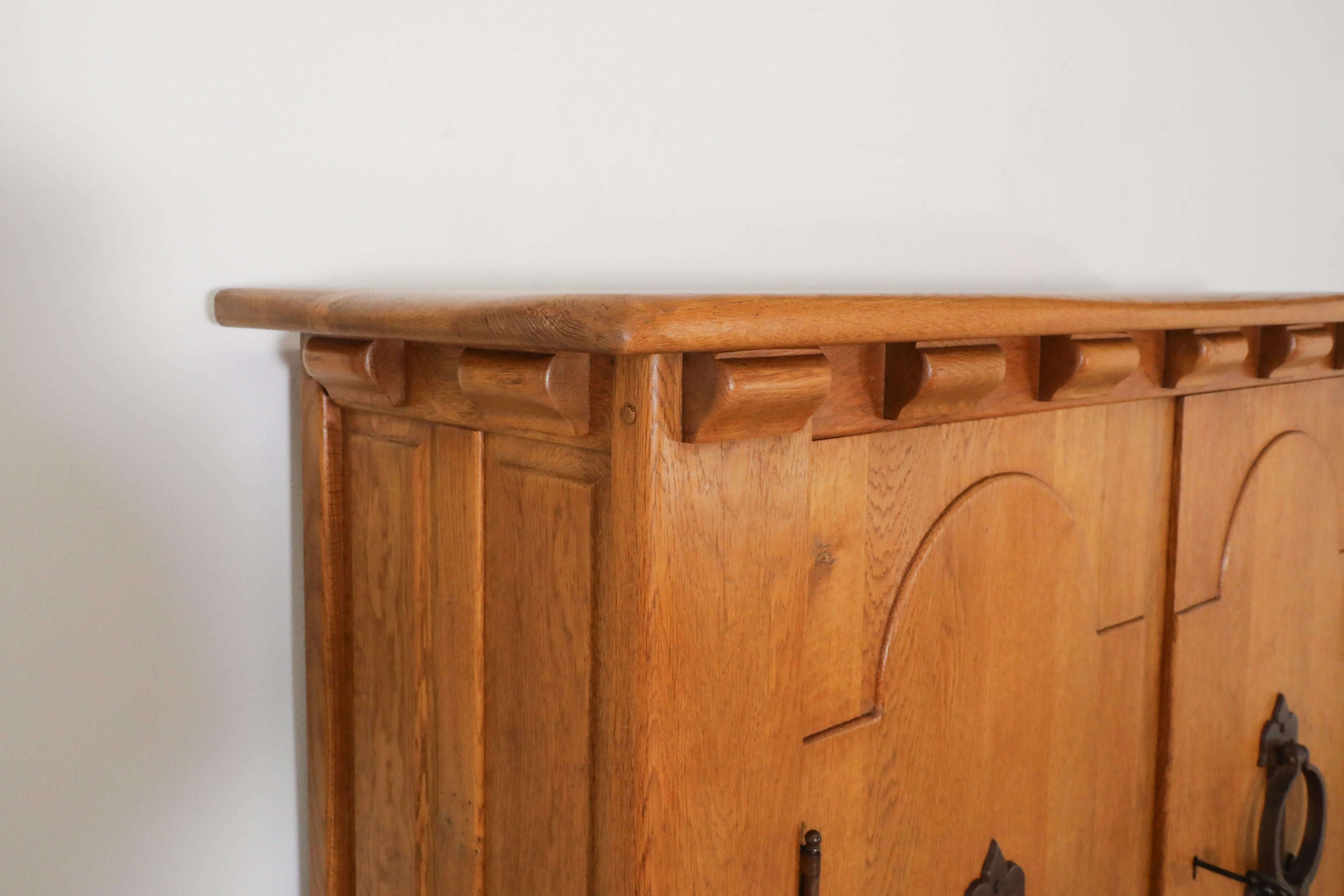 Guillerme et Chambron Inspired Brutalist Solid Oak and Iron Sideboard or Cabinet For Sale 10