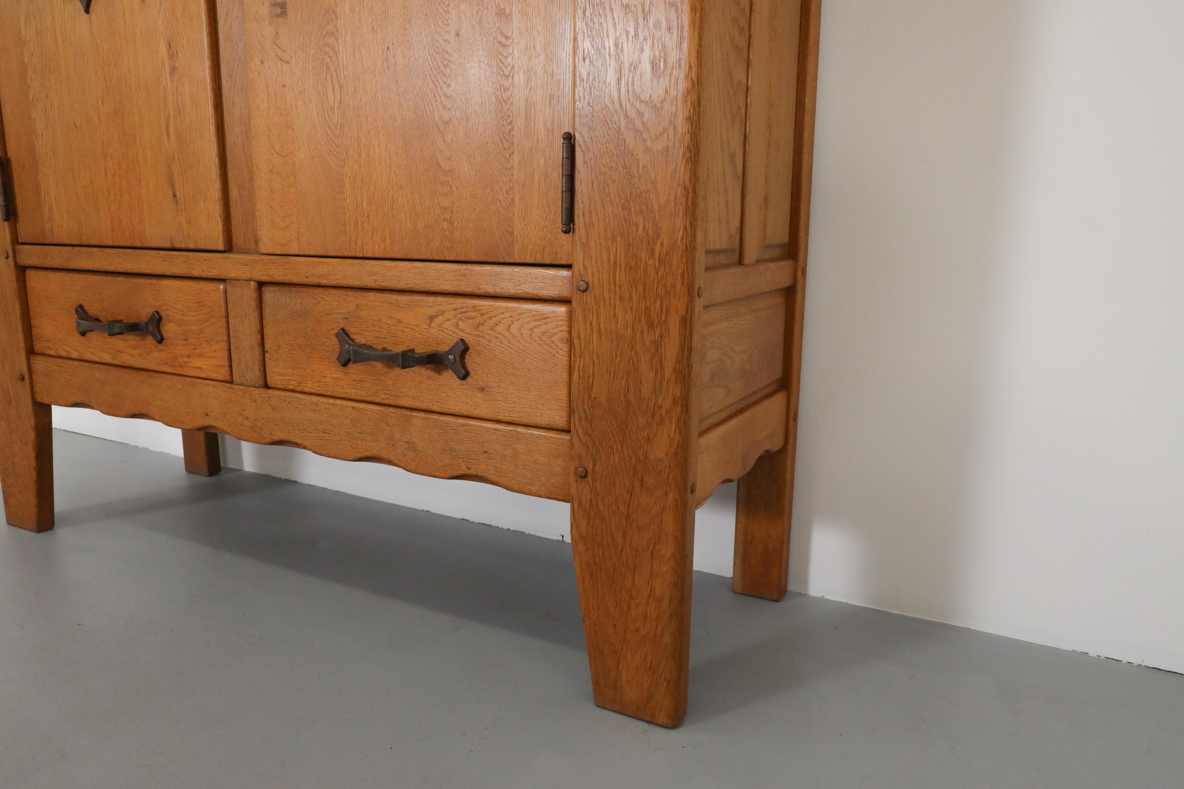 Guillerme et Chambron Inspired Brutalist Solid Oak and Iron Sideboard or Cabinet For Sale 13