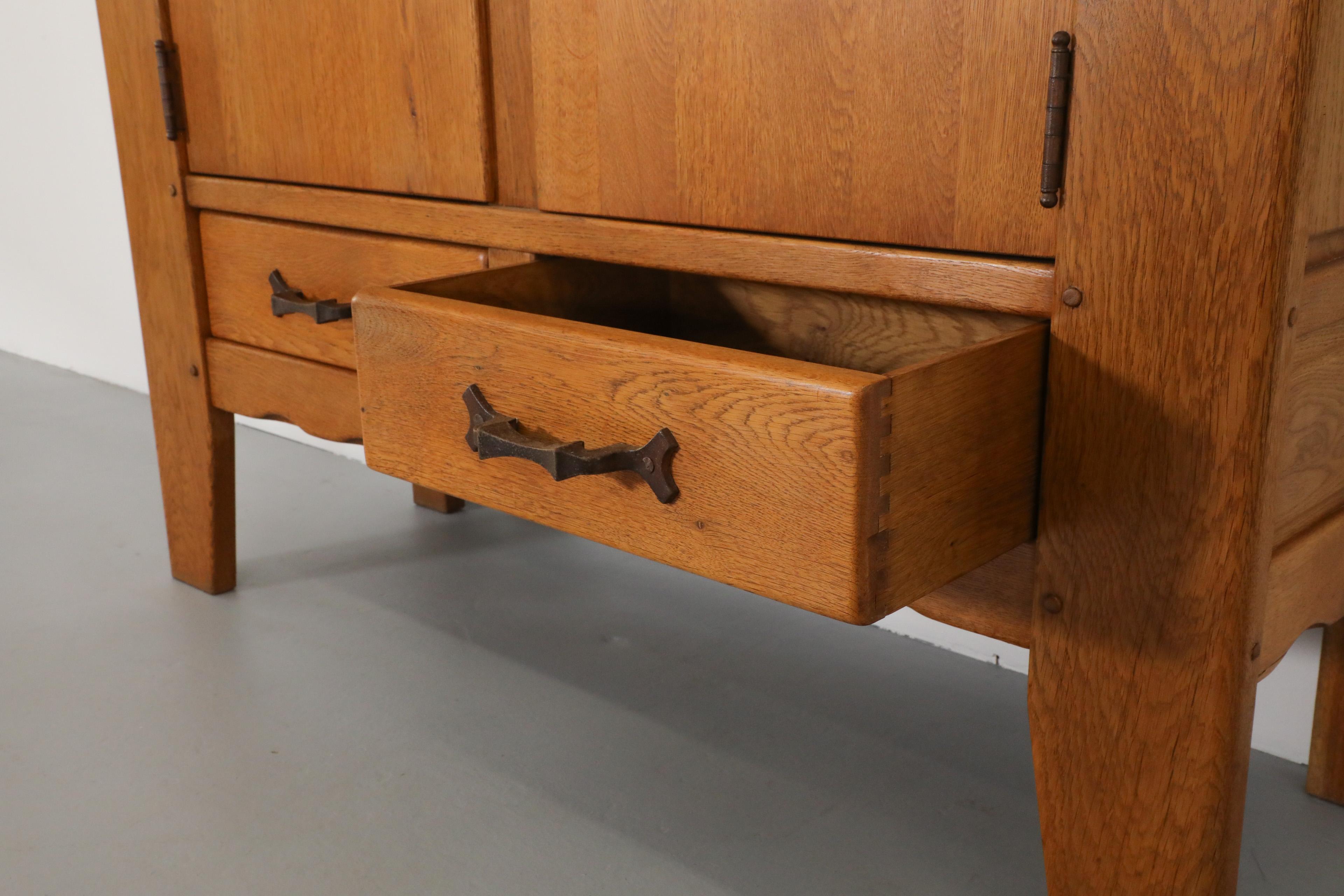 Guillerme et Chambron Inspired Brutalist Solid Oak and Iron Sideboard or Cabinet For Sale 14