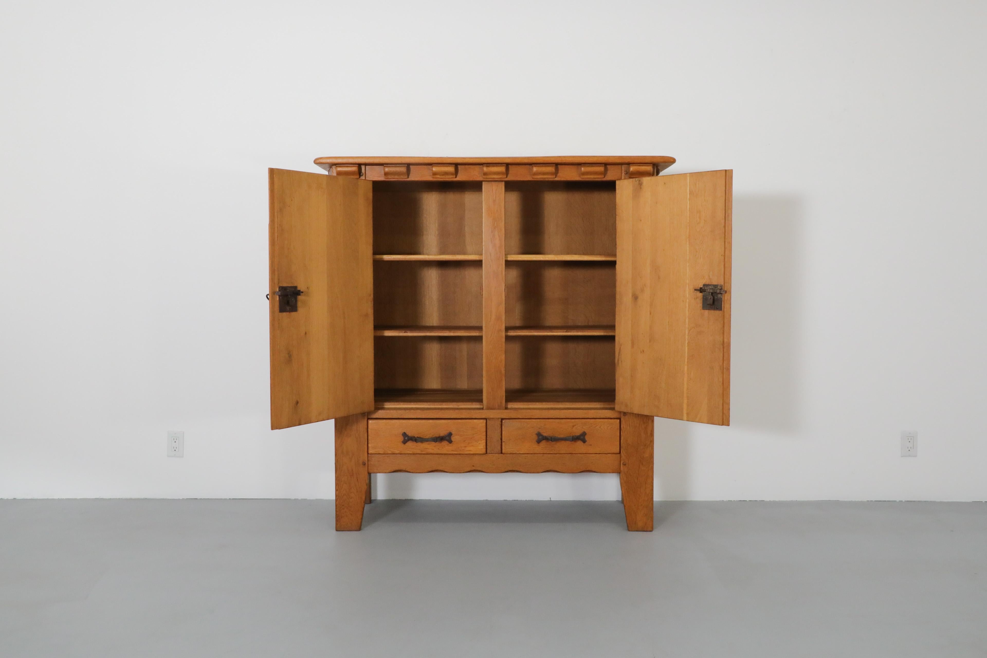 Mid-Century Modern Guillerme et Chambron Inspired Brutalist Solid Oak and Iron Sideboard or Cabinet For Sale